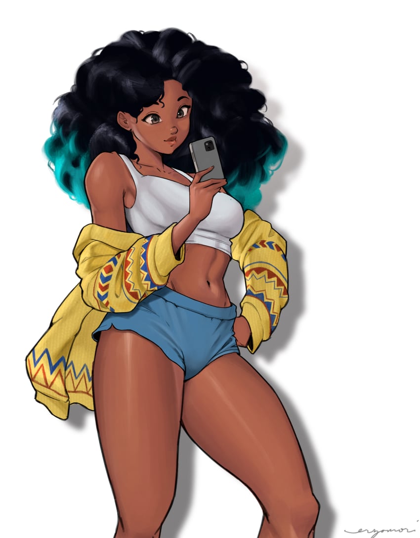 absurdres, afro, black hair, blue hair, blue shorts, brown eyes, capcom, cellphone, crop top, dark skin, dark-skinned female, erzomori, female, hand on own hip, highres, holding, holding phone, jacket, jacket partially removed, kimberly jackson, midriff, multicolored hair, off shoulder, phone, short shorts, shorts, solo, streaked hair, street fighter, street fighter 6, yellow jacket