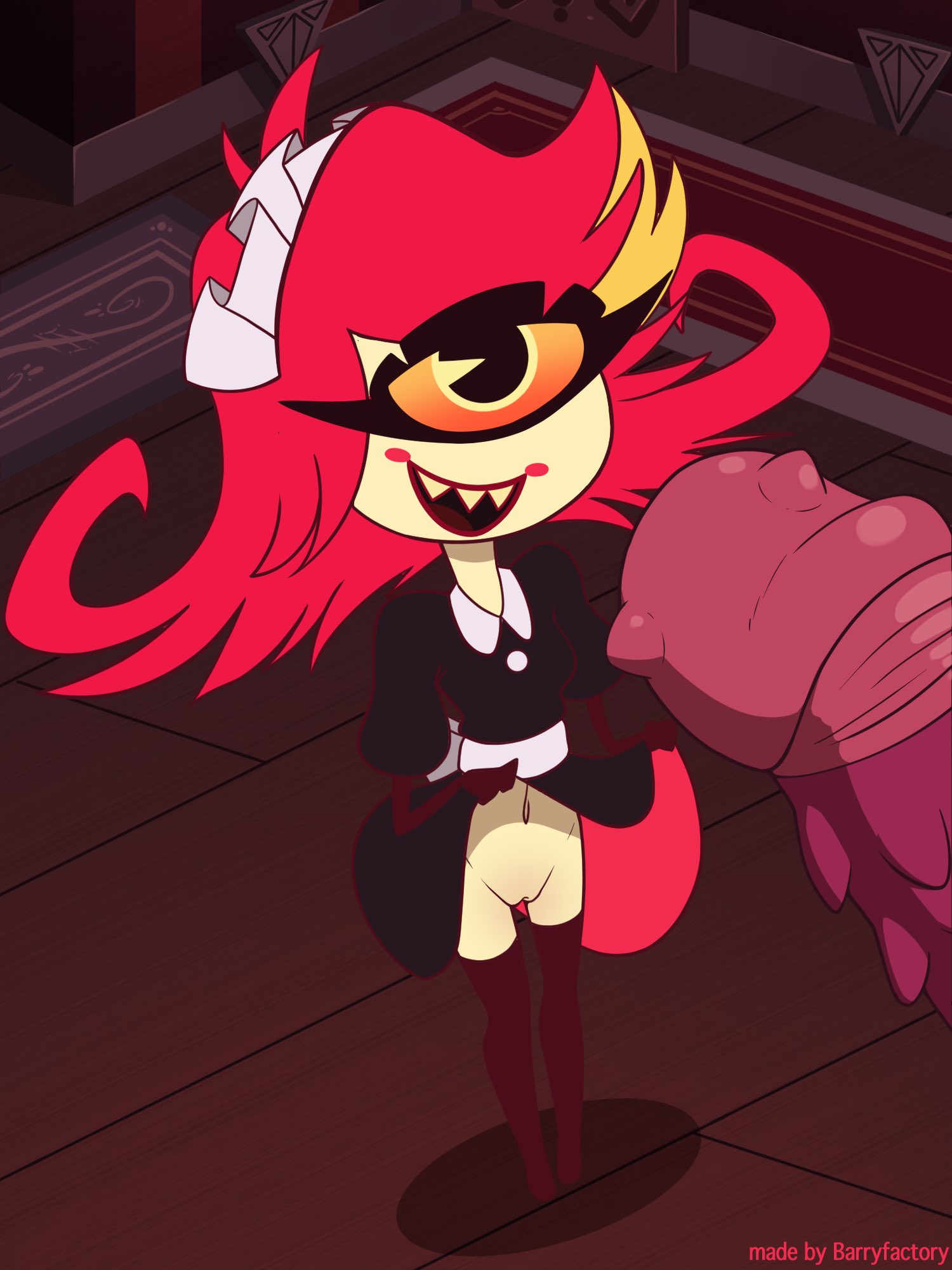 1 eye, 1boy, 1girls, barryfactory, confident smile, cyclops, female, hazbin hotel, maid uniform, male, niffty, open mouth, orange sclera, pussy, red hair, sharp teeth, shaved pussy, short hair, smooth skin, tentacle, thighhighs, unseen male face, vivienne medrano, yellow skin