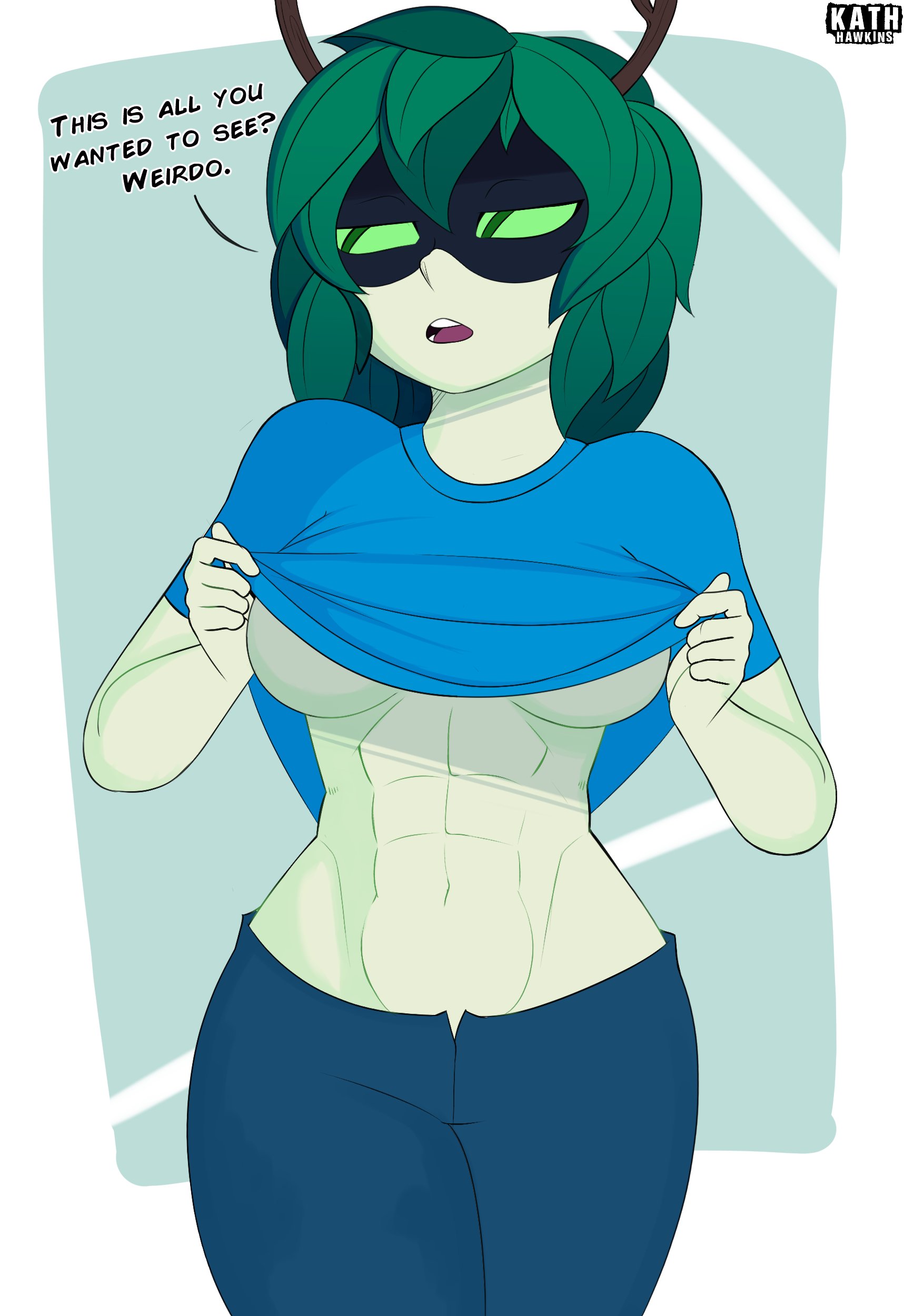 1girls, abs, adventure time, breasts, clothed, dialogue, female, female only, flashing, green eyes, green hair, green sclera, green skin, horns, huntress wizard, kath hawkins, leaf hair, looking away, midriff, navel, shirt lift, solo, text, toned, toned female, underboob