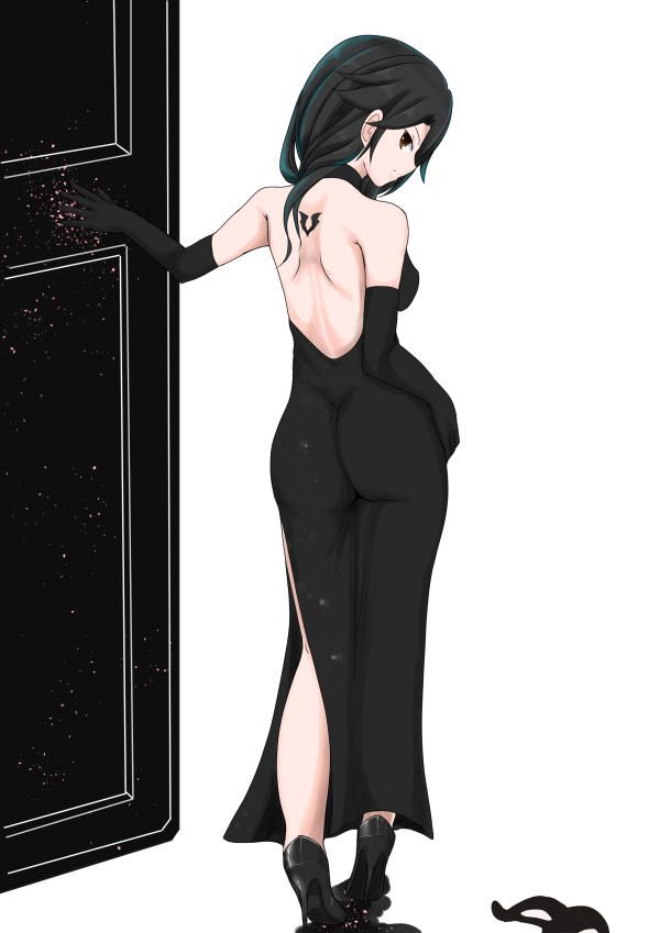 1girls, ass, backless outfit, big ass, black dress, black eyes, black hair, cinder fall, clothed, dress, female, female only, from behind, heels, high heels, mask, pixiv1081365, rwby, smile, solo, tattoo, white background