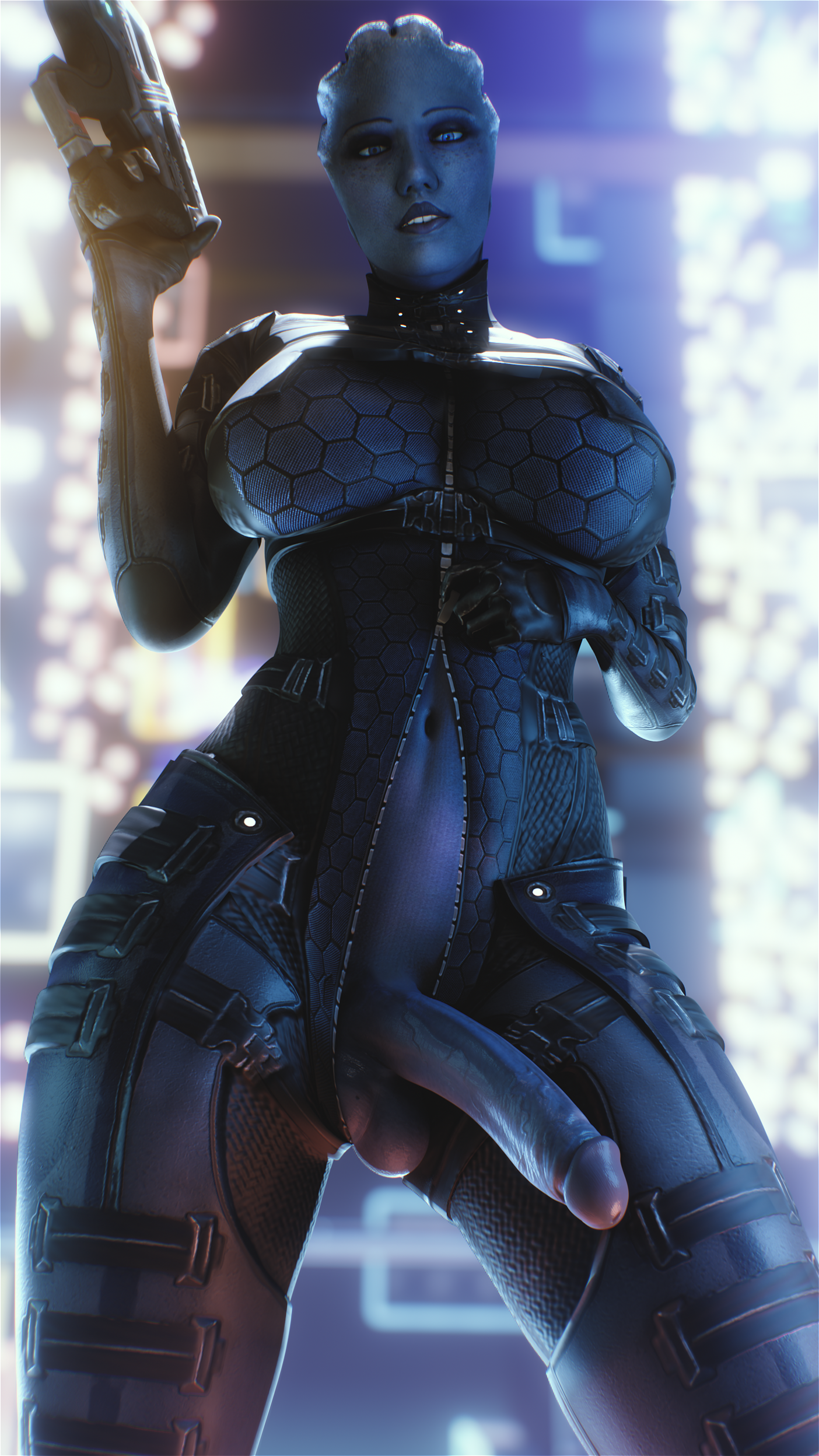 1futa, 3d, alien, alien futa, alien only, asari, asari futa, balls, big breasts, big penis, blender, bodysuit, breasts, clothed, clothing, dickgirl, erection, foreskin, fugtrup, fully retracted foreskin, futa only, futanari, highres, humanoid, humanoid penis, intersex, large breasts, liara t'soni, looking at viewer, mass effect, mostly clothed, open clothes, penis, penis out, realistic, seductive, solo, standing, unzipped, unzipped bodysuit, wide hips, zipper