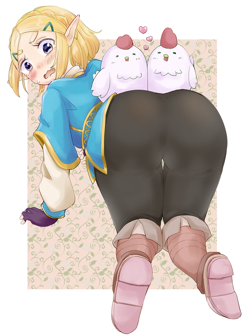 1girls 2020 all_fours ass big_ass bird blonde_hair blush boots braid chicken clothed clothing cucco embarrassed feathers female fingerless_gloves french_braid full_body gloves green_eyes hairclip heart highres hylian long_ears looking_at_another looking_back nintendo open_mouth pointy_ears princess_zelda purple_gloves scared short_hair sweat taru9999 tears_of_the_kingdom the_legend_of_zelda thick_thighs thighs tight_clothing tight_pants tongue wavy_mouth white_border zelda_(tears_of_the_kingdom)