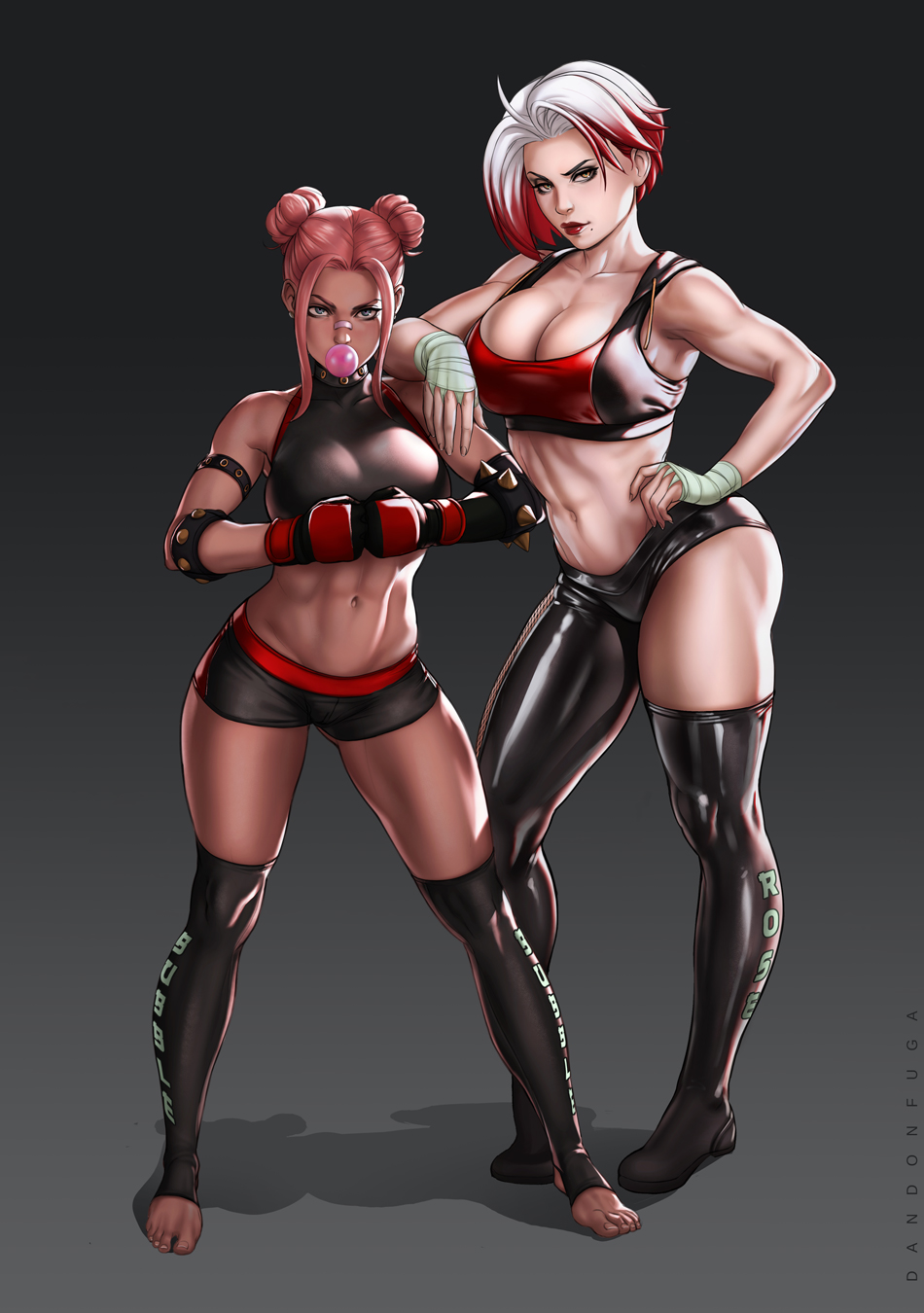 2020 2girls abs asymmetrical_legwear breasts bubble bubble_(dandon_fuga) bubble_gum cleavage dandon_fuga dark-skinned_female dark_skin double_bun female female_only hand_wraps looking_at_viewer mole_under_mouth muscular muscular_female original original_character pink_hair red_hair rose_(dandon_fuga) two_tone_hair white_hair yellow_eyes