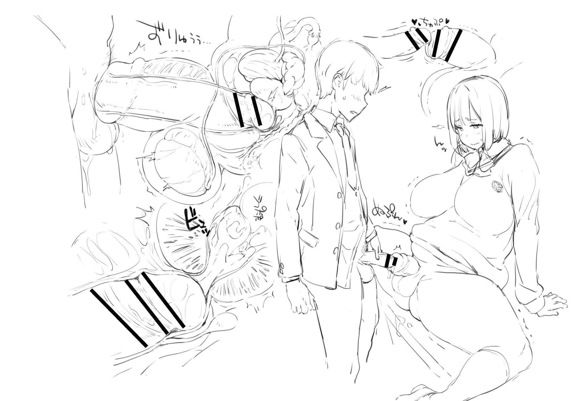 1boy, 1futa, balls, big breasts, black and white, blush, breasts, chubby, chubby futa, clothed, clothing, cum, cum in penis, cum inside, dickgirl, docking, futa urethral insertion, futanari, futasub, intersex, long penis, male, male on futa, maledom, monochrome, no panties, no underwear, penile urethral insertion, penis, prostate, prostate sounding, prostate stimulation, pubic hair, school uniform, short hair, sketch, skinny, skinny male, small penis, sweatdrop, testicles, uno makoto, urethral insertion, urethral penetration, x-ray