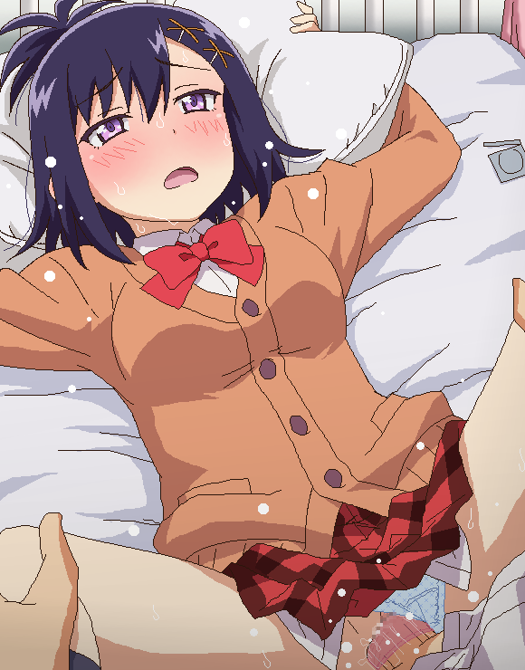 1boy bed_sheet blue_panties blush bow bowtie cardigan censored clothed_sex clothing_aside condom condom_on_penis condom_wrapper female gabriel_dropout hair_ornament long_sleeves lying mosaic_censoring on_back open_mouth panties panties_aside penis pillow pink_eyes plaid plaid_skirt pleated_skirt purple_hair pussy red_neckwear red_skirt school_uniform sex sex_in_skirt short_hair skirt solo_focus spread_legs straight sweat tomu_(tomubobu) tsukinose_vignette_april underwear vaginal_penetration x_hair_ornament