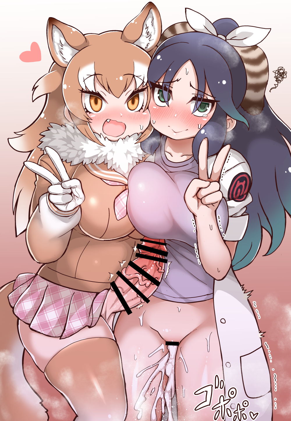 1futa 1girls :d after_sex animal_ears asymmetrical_docking bar_censor black_hair blush breast_press breasts brown_hair censored clothed clothing commentary_request cum cum_in_pussy cumdrip duo empty_eyes erection eyebrows_visible_through_hair female fur fur_collar futa_on_female futanari gloves gradient_hair green_eyes green_hair hair_ribbon heart highres humanoid humanoid_penis japanese_wolf_(kemono_friends) kako_(kemono_friends) kemono_friends kemonomimi labcoat large_breasts long_hair long_sleeves looking_at_viewer multicolored_hair multiple_girls oerba_yun_fang open_mouth orange_eyes partially_clothed penis plaid pussy ribbon short_sleeves skindentation skirt smile squiggle sweat tail tanaka_kusao thighhighs two-tone_hair v veins veiny_penis white_hair wolf_ears wolf_girl wolf_tail