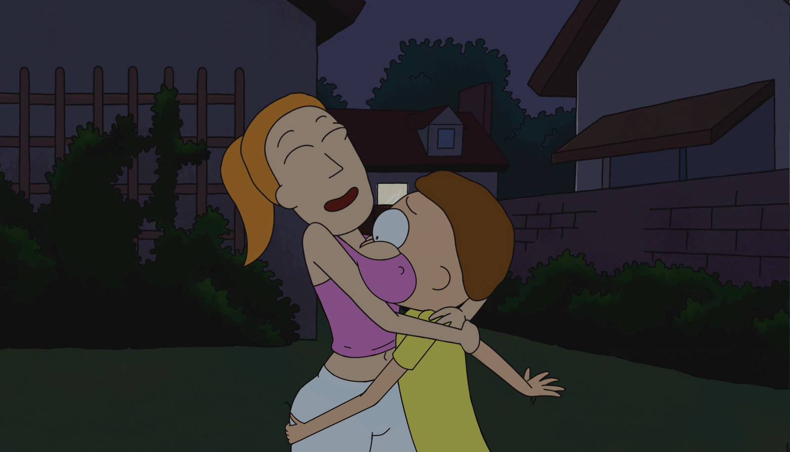 1boy, 1girls, accurate art style, adult swim, ass, ass grab, big sister, breast smother, breasts, brother, brother and sister, brown hair, closed eyes, clothing, diklonius, edit, edited screencap, editedimages, face in breasts, female, hug, huge breasts, hugging, incest, little brother, long hair, male, midriff, morty smith, night, nipple bulge, older female, older sister, ponytail, red hair, rick and morty, screencap, screenshot, short hair, sister, summer smith, younger brother, younger male