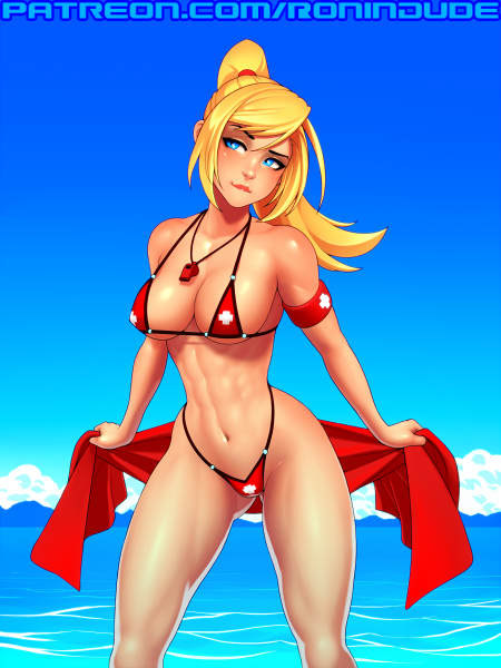 1girls abs alluring beach bikini biting_lip blonde_hair blue_eyes female lifeguard metroid nintendo ponytail ronindude samus_aran