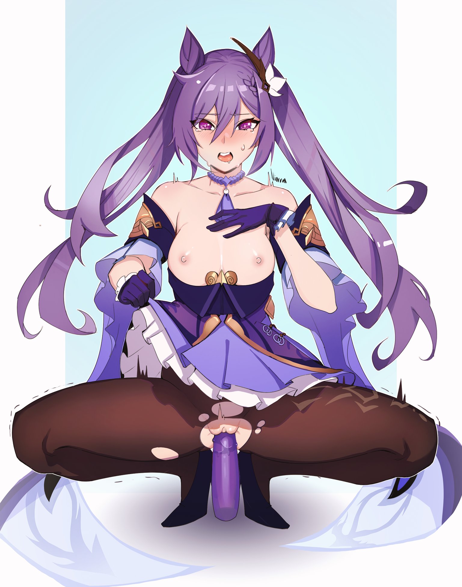 1girls, areolae, bare shoulders, blush, breasts, breasts out, clothing, clothing lift, dildo, dildo in pussy, female, female masturbation, female only, genshin impact, gloves, hair bun, hair ornament, hand on chest, heels, highres, keqing (genshin impact), long hair, looking at viewer, masturbation, medium breasts, necklace, ninra, nipples, open mouth, pantyhose, penetration, purple eyes, purple hair, pussy, sex toy, simple background, solo, solo female, squatting, tears, tiptoes, torn pantyhose, trembling, twintails, vaginal penetration, white background