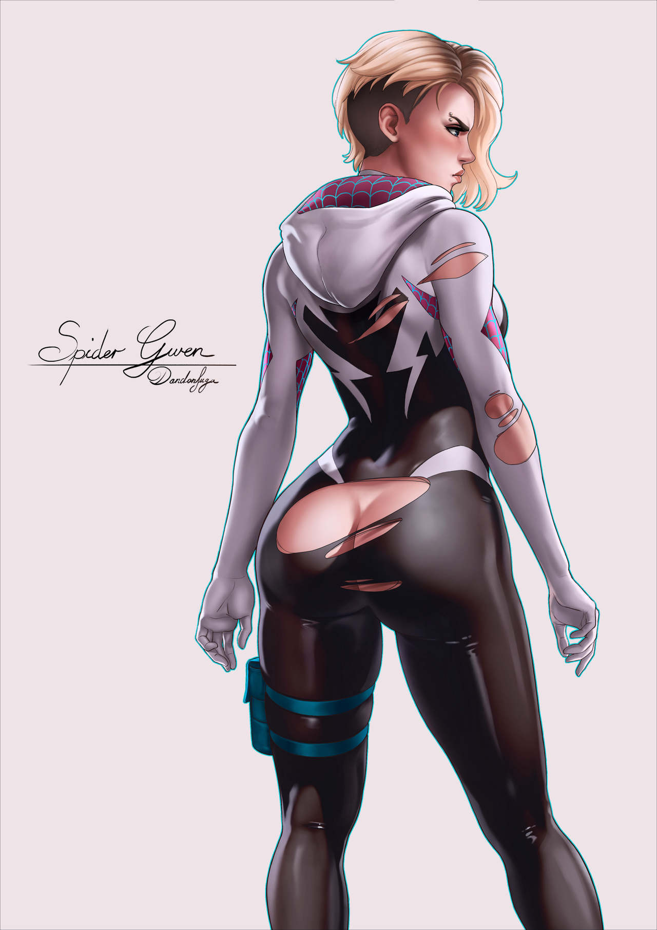 ass, blonde hair, breasts, bubble ass, bubble butt, dandon fuga, eyebrow piercing, female, female focus, gwen stacy, marvel, marvel comics, pinup, pinup pose, pose, posing, rear view, shaved side, short hair, sideboob, small breasts, spider-gwen, spider-man (series), standing, tagme