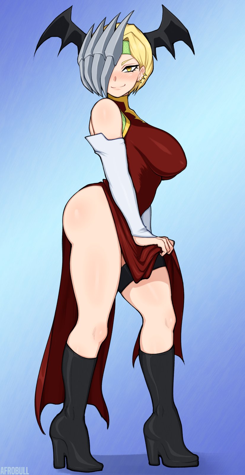 1girls, 2d, afrobull, artist name, ass, big ass, big breasts, blonde hair, blonde-haired female, blue background, blush, blushing, boots, breasts, clothed, clothed female, costume, covered eye, dress, ear piercing, earrings, female, female only, heel boots, heels, hero outfit (mha), large ass, large breasts, light skin, light-skinned female, looking at viewer, my hero academia, pale skin, pale-skinned female, presenting, presenting thighs, ryuukyuu, short hair, solo, tatsuma ryuuko, thick thighs, thigh strap, thighs, watermark, yellow eyes