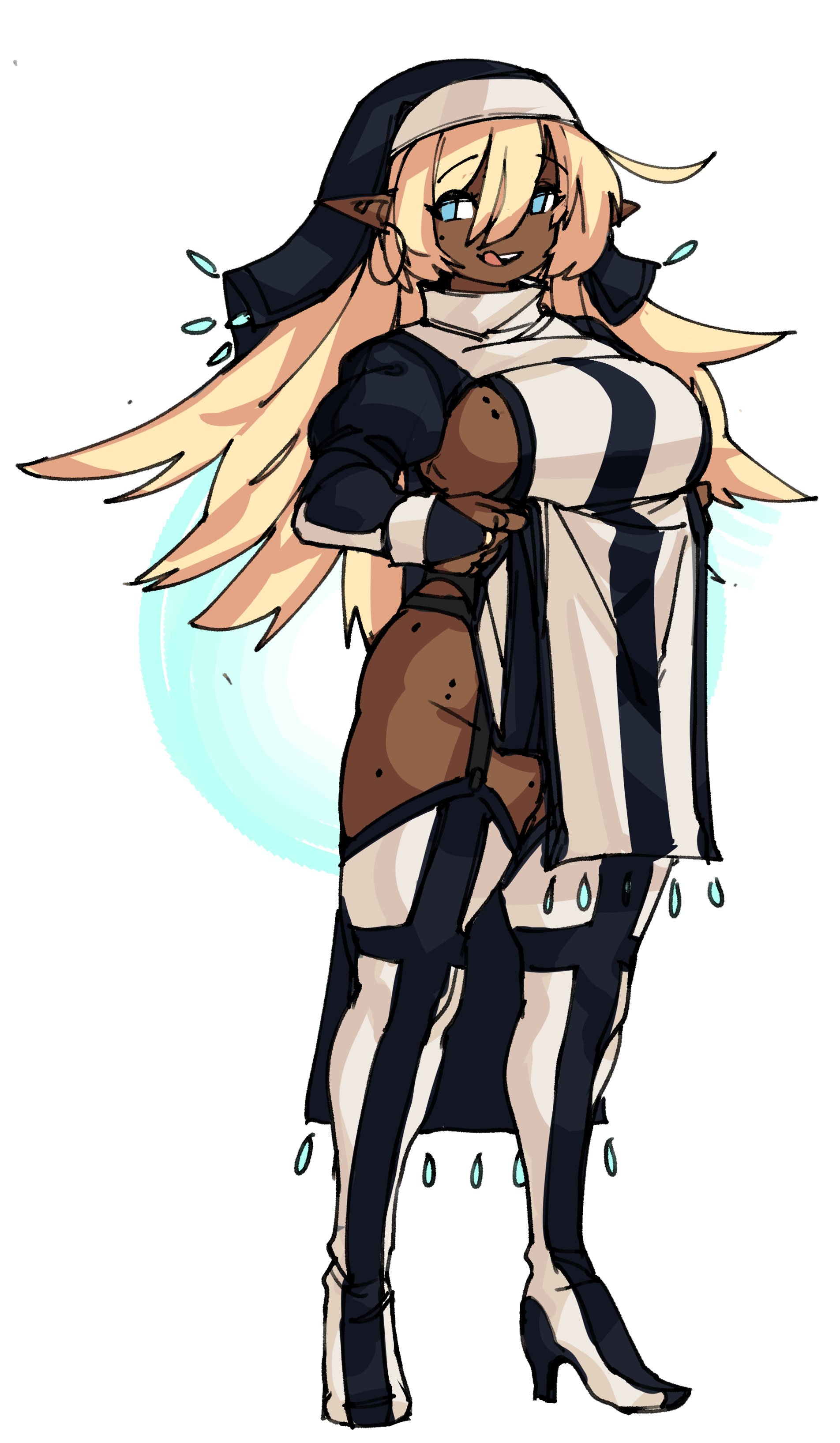 :p, 1girls, blonde hair, blue eyes, breasts, clothing, dark elf, dark skin, dark-skinned female, dress, earrings, elf, female, female only, garter belt, headdress, high heels, licking lips, light blue eyes, long hair, looking away, messy hair, mole, nun, nun's habit, pointy ears, sideboob, solo, solo female, thick thighs, very high resolution, white background, zanamaoria