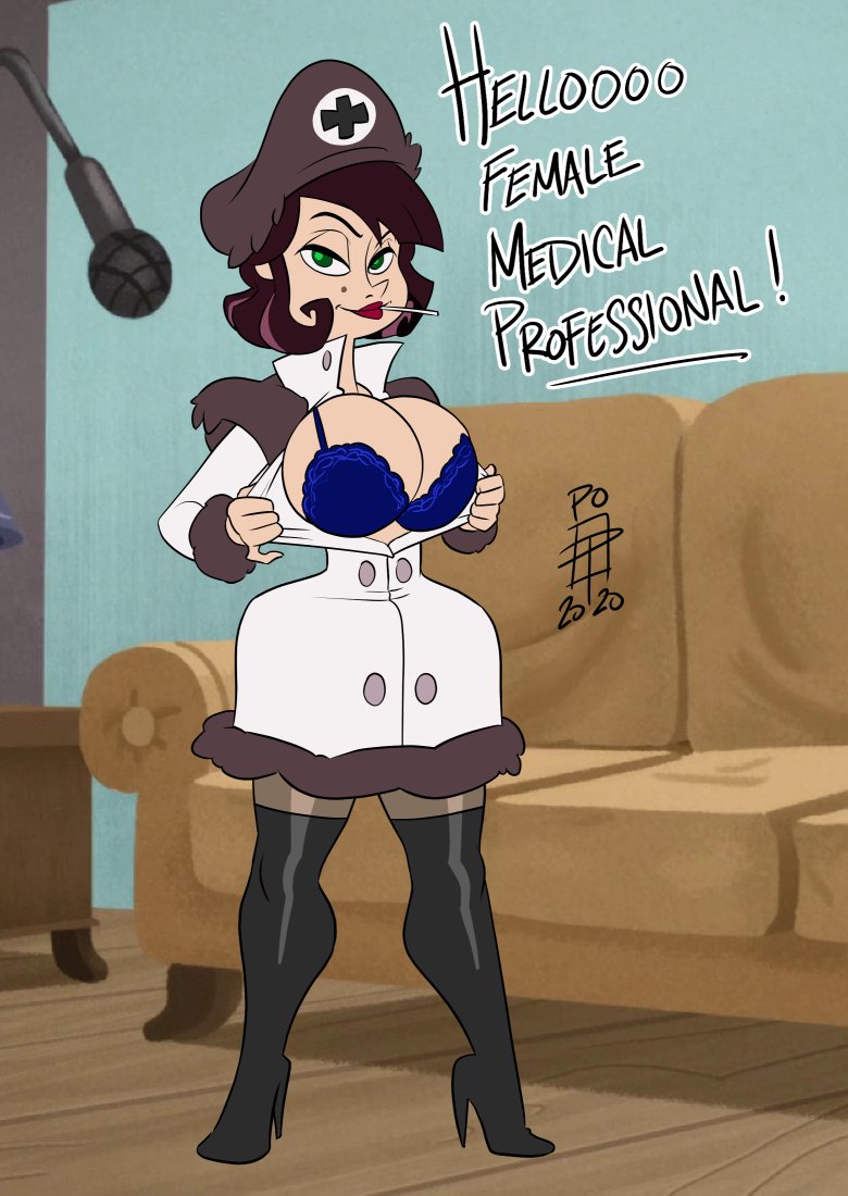 1girls animaniacs animaniacs_(2020) big_breasts boots bra breasts brown_hair callmepo cleavage curvy curvy_figure female fur_coat fur_hat green_eyes hello_female_medical_professional high_heels hourglass_figure huge_breasts lace-trimmed_bra lingerie lollipop solo solo_female thick_thighs warner_brothers wide_hips