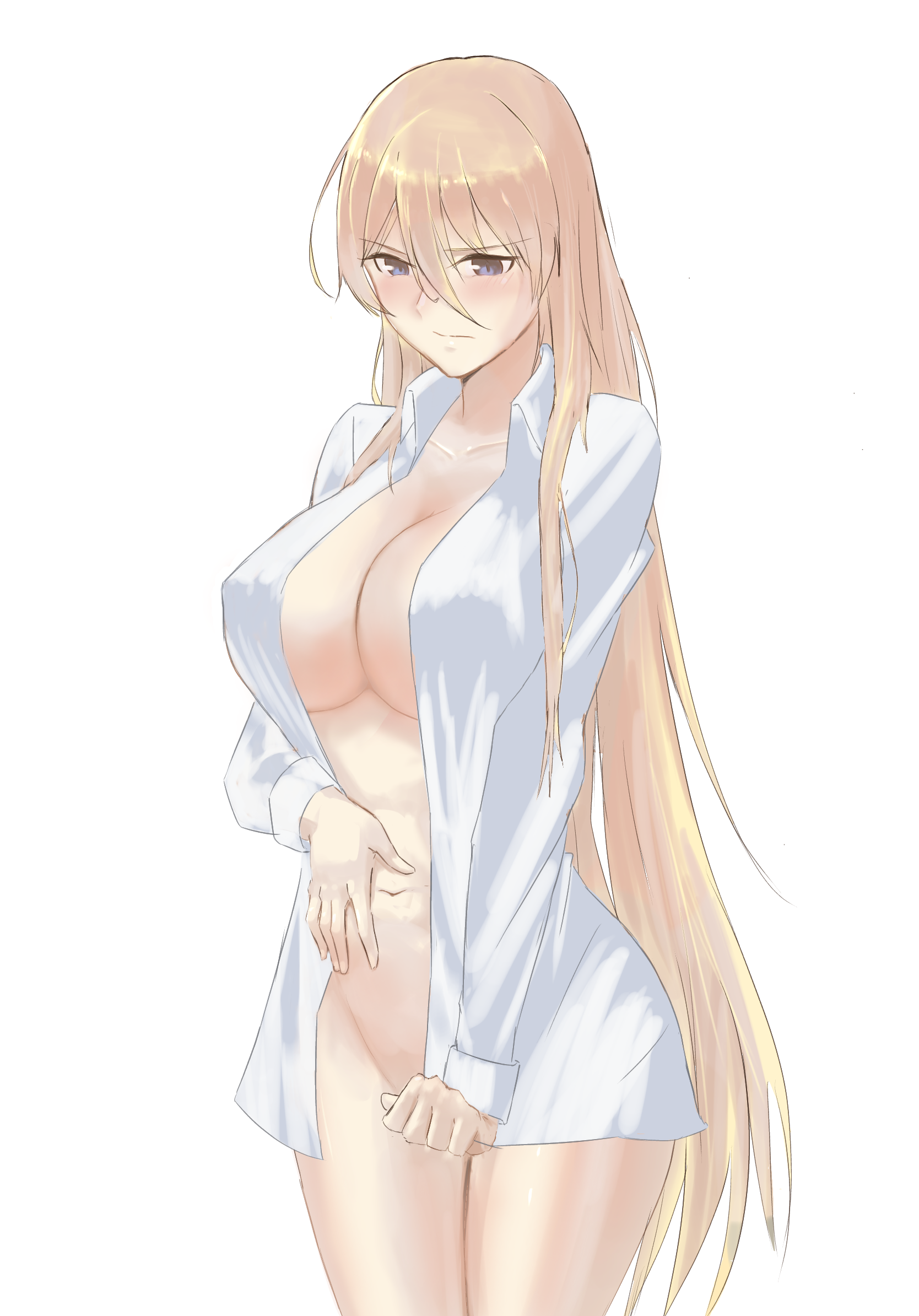 azur lane, bangs, bismarck (azur lane), blonde hair, blue eyes, blush, breasts, erect nipples, erect nipples under clothes, eyebrows visible through hair, female, hair between eyes, high resolution, large breasts, lom (lom lom 8), long hair, naked shirt, navel, nipples, shirt, solo, stomach, very long hair, white background, white shirt