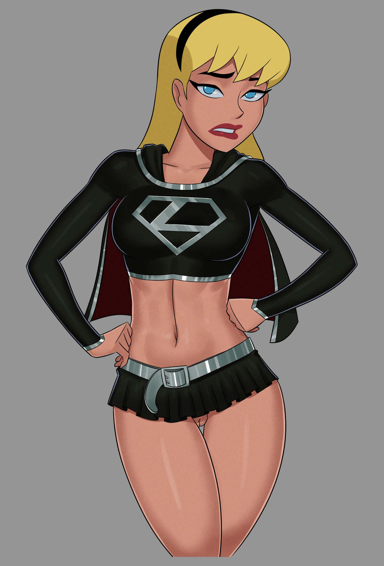 1girls black_skirt black_suit blonde_hair breasts busty clothing dc dc_comics dcau enemy_conversion hourglass_figure kara_zor-el lipstick metal_belt microskirt no_panties pussy red_lipstick silver_belt solo something_unlimited sunsetriders7 supergirl supergirl_(dark) superman_(series) tagme