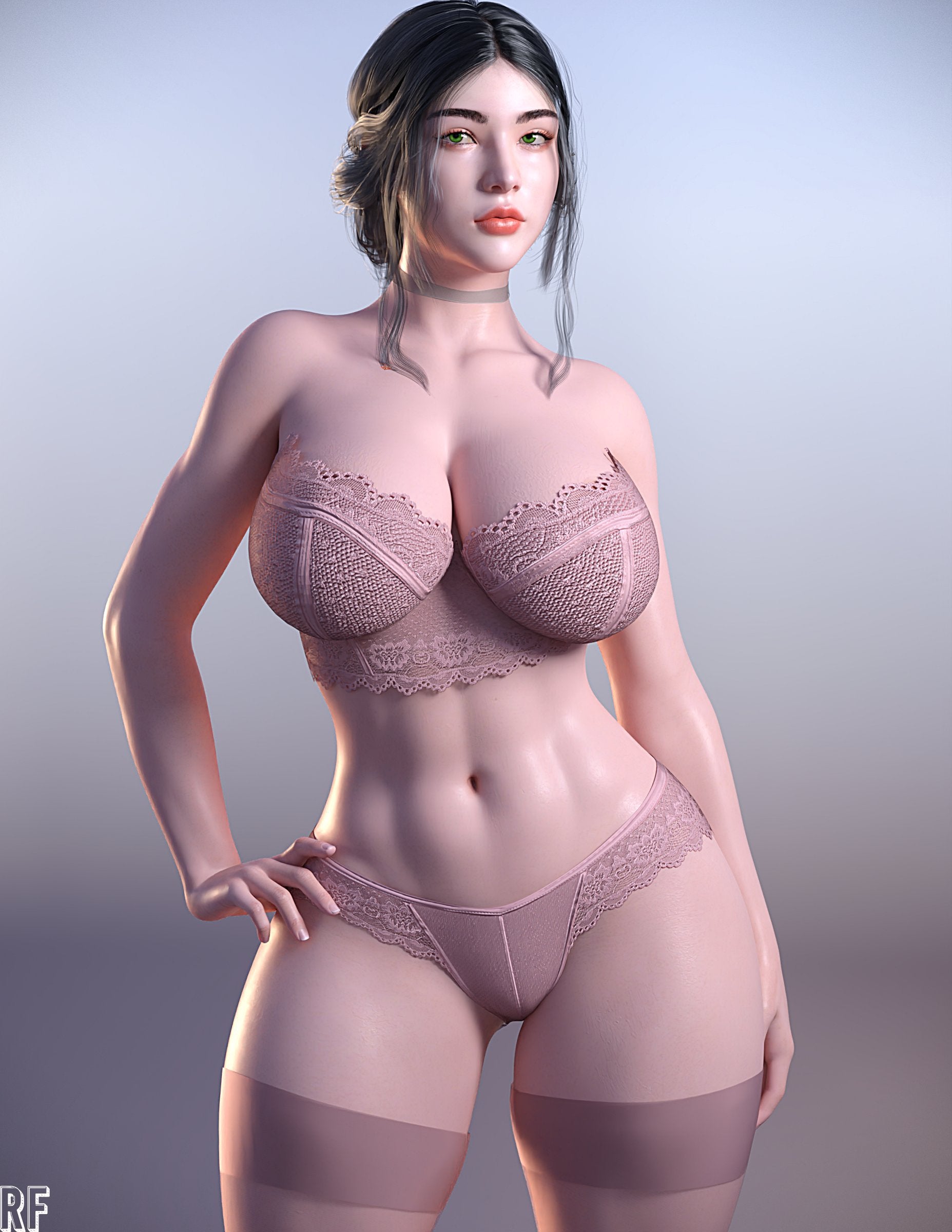 1girls, 3d, bra, breasts, choker, curvaceous, female, female only, green eyes, hand on hip, lace bra, lace panties, large breasts, lingerie, lingerie only, looking at viewer, midriff, navel, original, panties, rude frog, thick lips, thighhighs, thighs, underwear