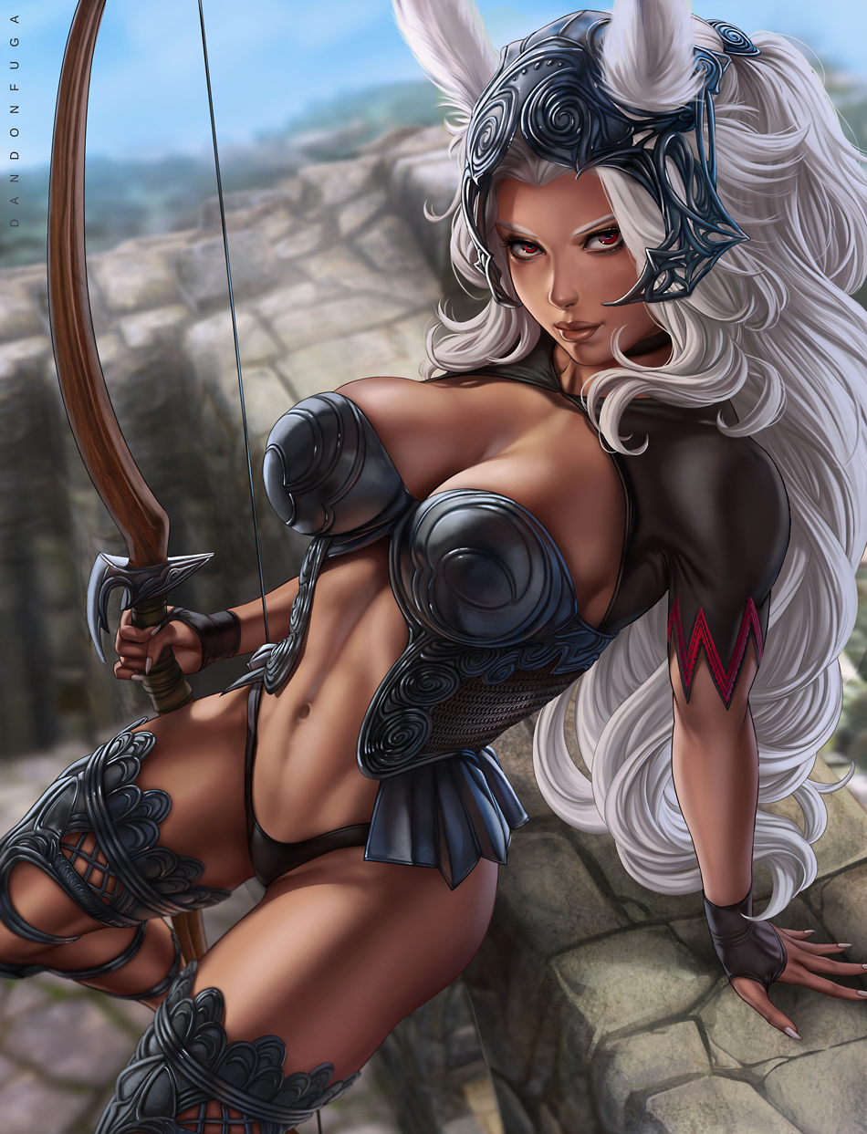 1girls, 2d, abs, big breasts, bow (weapon), breasts, bunny ears, cleavage, dandon fuga, dark skin, dark-skinned female, female, female only, final fantasy, final fantasy xii, fran (ffxii), helmet, large breasts, looking at viewer, pinup, rabbit humanoid, red eyes, solo, solo female, square enix, toned, toned female, viera, white hair