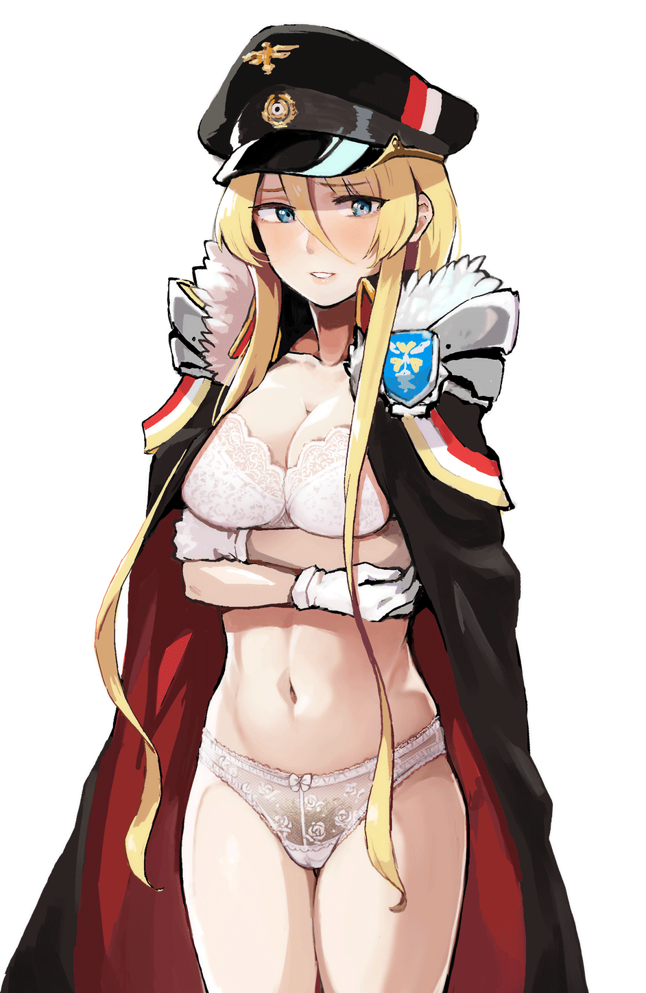 1girls azur_lane bismarck_(azur_lane) black_headwear blonde_hair blue_eyes blush bra breast_hold breasts cape clavicle cleavage cowboy_shot crossed_arms eyebrows_visible_through_hair female female_only female_pubic_hair fur_trim geso_smith gloves hair_between_eyes hat high_resolution lace lace-trimmed_bra lace-trimmed_panties lace_trim light-skinned_female light_skin lips long_hair looking_at_viewer medium_breasts midriff military_hat navel pantsu parted_lips pubic_hair sidelocks simple_background solo straight_hair thighs underwear white_background white_bra white_gloves white_panties white_underwear