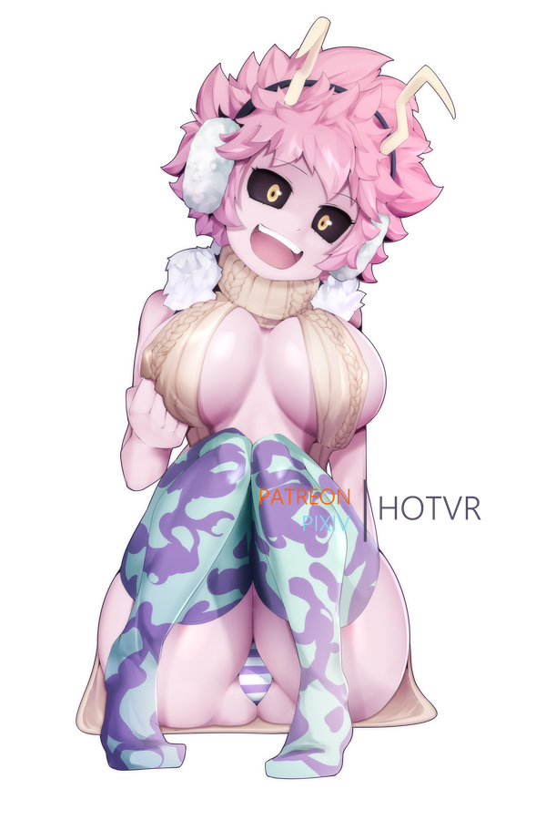 1girls, bent knees, big breasts, black sclera, breasts, clothing, erect nipples, female, female only, horns, hotvr, legwear, looking at viewer, messy hair, mina ashido, my hero academia, nipples, no bra, no shoes, open mouth, panties, pink hair, pink skin, pink-haired female, revealing clothes, short hair, sideboob, sitting, smile, solo, stockings, sweater, thighhighs, underwear, virgin killer sweater, yellow eyes
