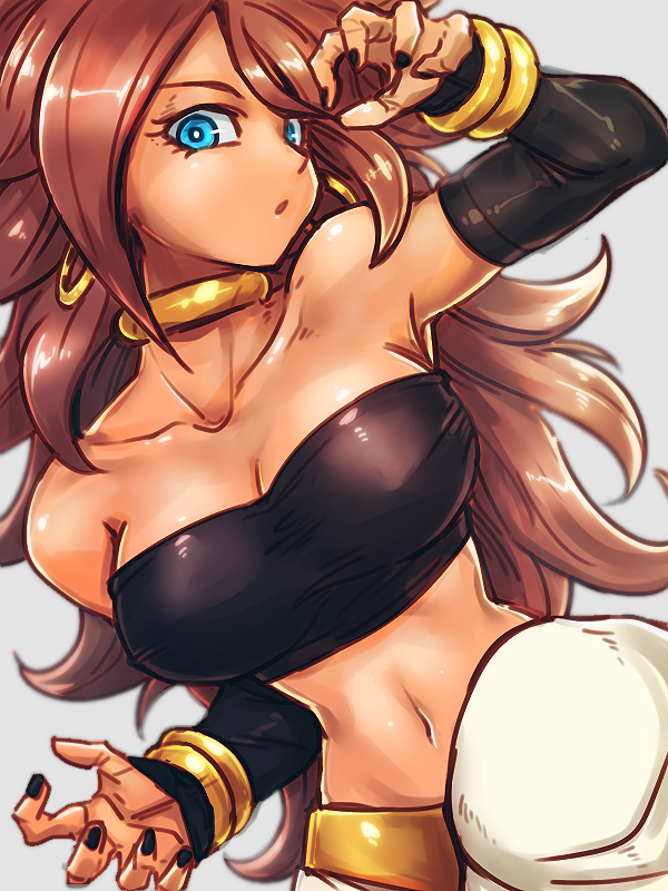 alternate_skin_color android_21 android_21_(human) arm_up bandeau bare_shoulders black_nails blue_eyes bracelet breasts brown_hair cleavage closed_mouth collarbone commentary_request cosplay curly_hair dark-skinned_female dark_skin detached_sleeves dragon_ball dragon_ball_fighterz earrings female female_only harem_outfit harem_pants hoop_earrings jewelry kemachiku long_hair looking_at_viewer medium_breasts nail_polish navel neck_ring pants parted_lips ring solo tan upper_body very_long_hair vomi_(dragon_ball) white_pants