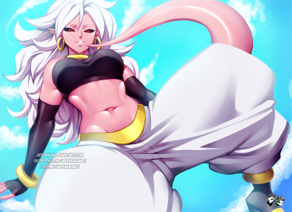 1girls 2010s android_21 arm_warmers baggy_pants bare_shoulders black_sclera bracelet breasts choker cleavage dark_persona dragon_ball dragon_ball_fighterz ear_piercing earrings female female_only harem_outfit harem_pants hoop_earrings humanoid jadenkaiba jewelry large_breasts long_hair looking_at_viewer majin majin_android_21 midriff monster_girl navel pants parted_lips piercing pink_skin pointy_ears red_eyes solo stomach tail tubetop url watermark white_hair