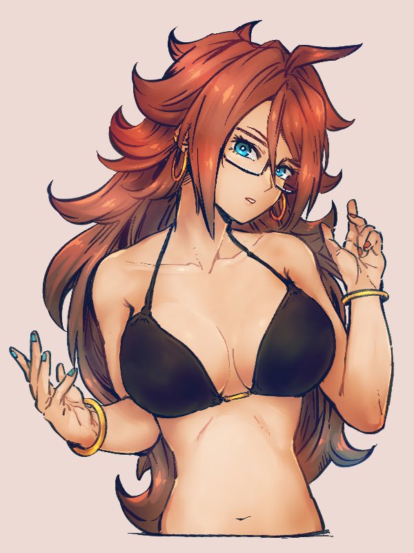 ahoge android_21 android_21_(human) bangle bikini bikini_top black-framed_eyewear black_bikini blue_eyes blue_nails bracelet breasts brown_hair collarbone dragon_ball dragon_ball_fighterz earrings female flipped_hair glasses hoop_earrings jewelry kemachiku large_breasts long_hair looking_at_viewer nail_polish navel red_nails semi-rimless_eyewear solo swimsuit under-rim_eyewear upper_body