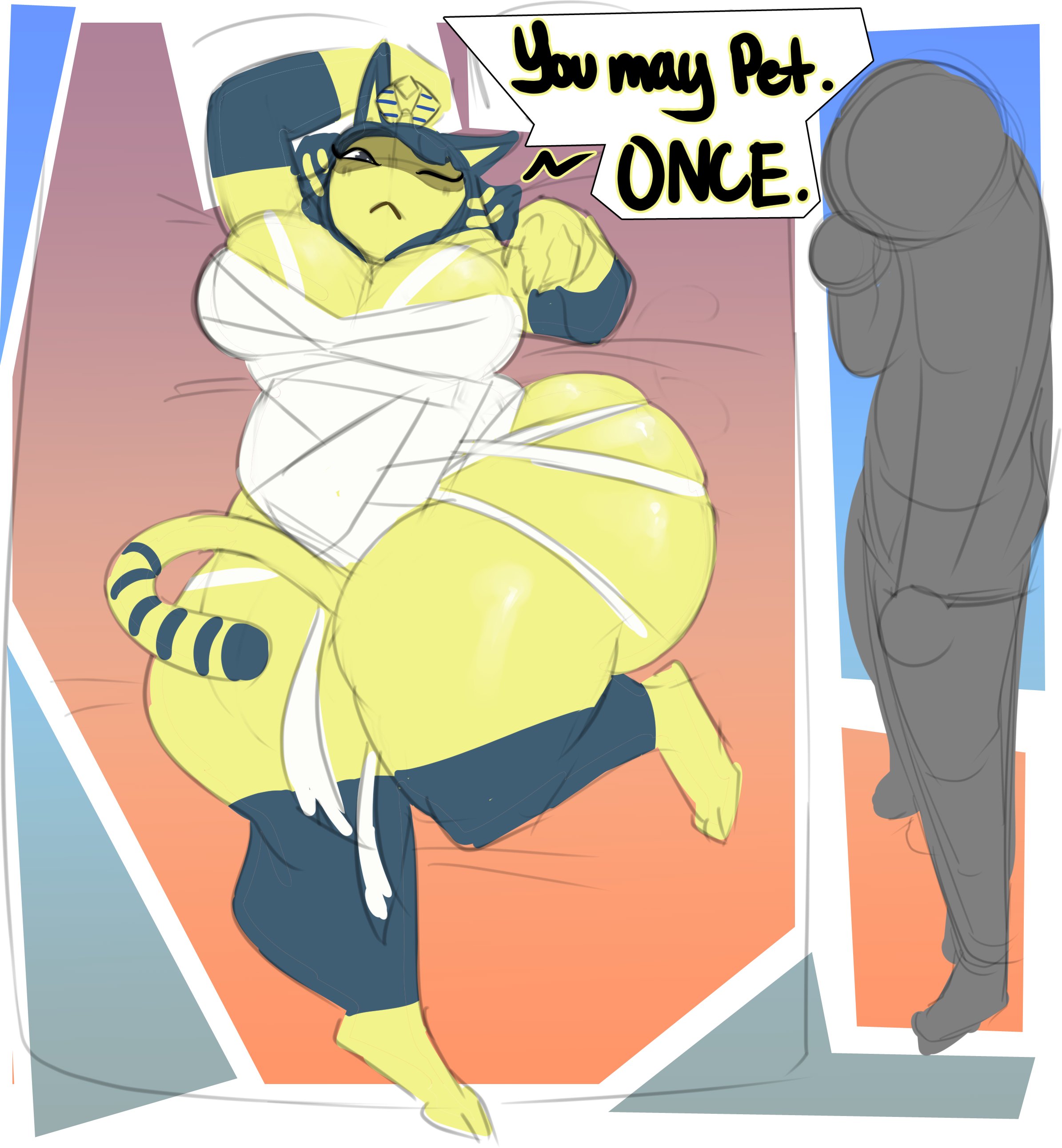 1boy, 1girls, abstract background, animal crossing, ankha, anthro, ass, bandage, bed, breasts, dongwongtang, egyptian, faceless, feline, female, huge ass, huge breasts, jewelry, male, nintendo, tail, text, thick thighs