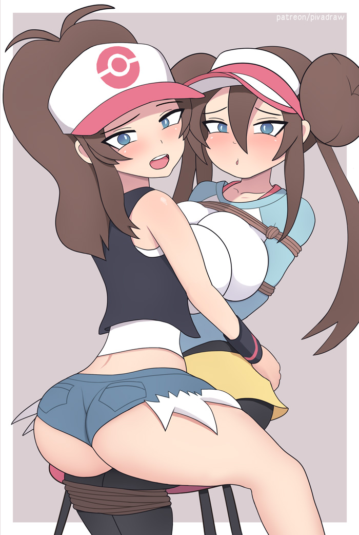 2girls, ass, ass hanging out of shorts, big breasts, blue eyes, blush, bondage, bound arms, bound legs, breasts, brown hair, cutoffs, denim, denim shorts, double bun, female, female only, femdom, femsub, game freak, hair bun, hat, hilda (pokemon), jadeswallowing, large ass, large breasts, lesbian, lezdom, long hair, looking at viewer, multiple females, multiple girls, nintendo, open mouth, pokemon, pokemon bw, ponytail, rope, rope bondage, rosa (pokemon), short shorts, shorts, skirt, straddling, tied hair, twintails, upright straddle, visor, white border, yuri