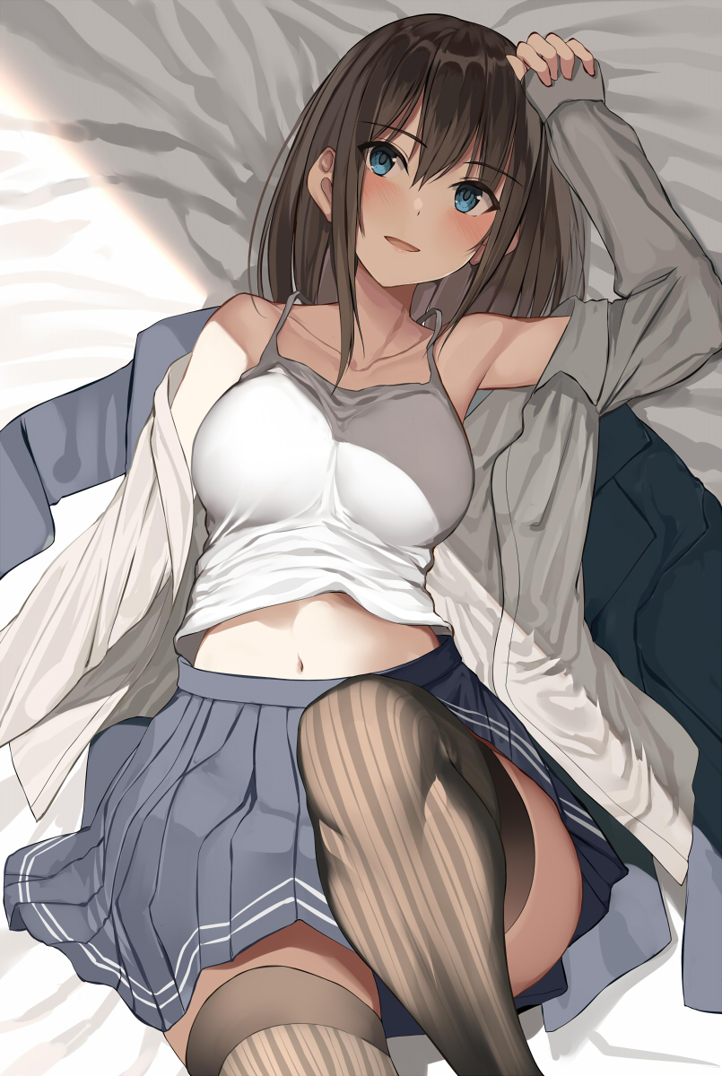 arm up, armpits, bare shoulders, bed sheet, black hair, black jacket, black legwear, blue eyes, blue skirt, breasts, camisole, collarbone, female, grey shirt, highres, jacket, jacket removed, kureha (ironika), large breasts, leg up, long hair, long sleeves, looking at viewer, lying, midriff, miniskirt, navel, off shoulder, on back, open clothes, open mouth, open shirt, original, pleated skirt, shirt, skirt, sleeveless, sleeveless shirt, smile, solo, spaghetti strap, striped, striped legwear, thigh-highs, tsubasa (kureha), undershirt, white shirt
