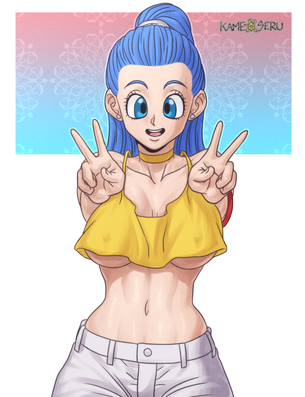 athletic, athletic female, big breasts, breasts, bulma briefs, busty, crop top, double v, dragon ball, dragon ball z, female, female focus, female only, fully clothed, hourglass figure, kameseru, lavender hair, pinup, pinup pose, pose, posing, solo, tagme, underboob, v, wide hips
