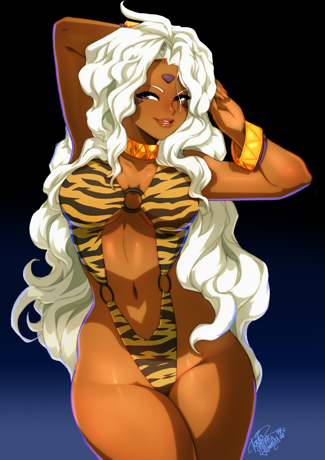 1girls, arms behind head, bracelet, breasts, collar, dark skin, dark-skinned female, facial markings, female, female only, forehead mark, goddess, highres, large breasts, legs together, long hair, looking at viewer, narrowed eyes, oh my goddess!, one-piece swimsuit, pose, purple eyes, sensual, shaded, simple background, small breasts, smiling, solo, solo female, swimsuit, tovio rogers, urd, white hair, wide hips