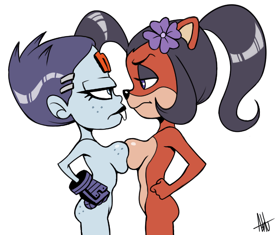 2girls ashesg blue_hair blue_skin buckteeth crash_(series) evil_coco female freckles multiple_girls nina_cortex nude