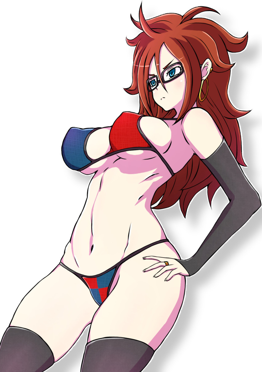 :<, adapted costume, adriano oliveira, alternate legwear, android 21, android 21 (human), bikini, black legwear, black-framed eyewear, blue eyes, breasts, brown hair, commentary, cowboy shot, detached sleeves, dragon ball, dragon ball fighterz, earrings, english commentary, female, glasses, hands on hips, highres, hoop earrings, jewelry, large breasts, long hair, navel, perky breasts, ring, sideboob, solo, standing, swimsuit, thighhighs, underboob