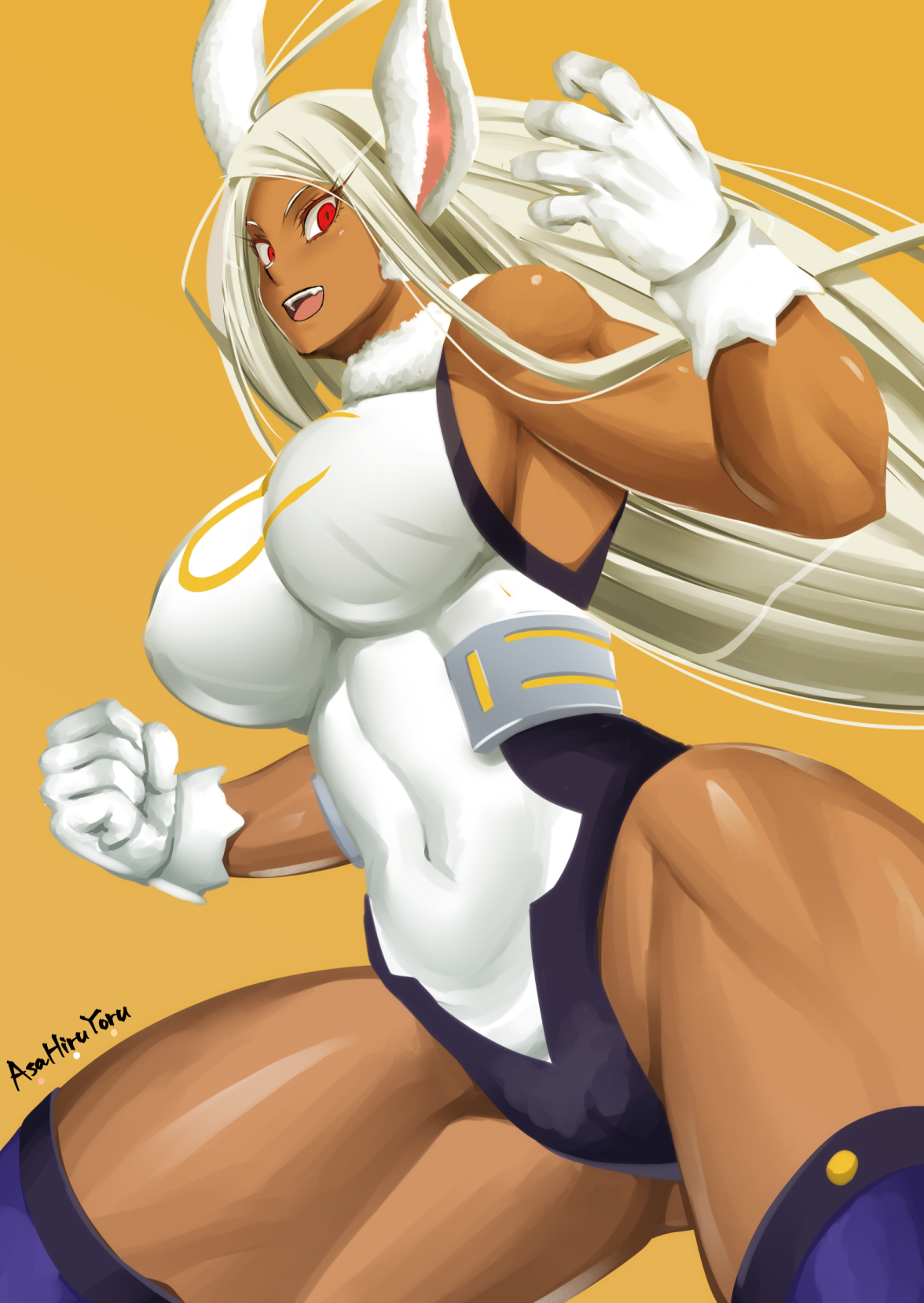 1girls, abs, animal ears, armpits, asahiruyoru, bare arms, bare shoulders, big breasts, big legs, big muscles, breasts, busty, commentary request, dark skin, dark-skinned female, deep navel, female, female only, from below, hi res, highres, large breasts, large muscles, long hair, looking at viewer, midriff, milf, miruko, muscles, muscular, muscular female, muscular thighs, my hero academia, navel, open mouth, rabbit ears, rabbit girl, red eyes, rumi usagiyama, shiny, shiny skin, skin tight, skintight, skintight suit, smile, smiling, solo, solo female, thick, thick thighs, thigh gap, thigh highs, thighhighs, thighs, tight, tight clothes, tight clothing, tight fit, white hair