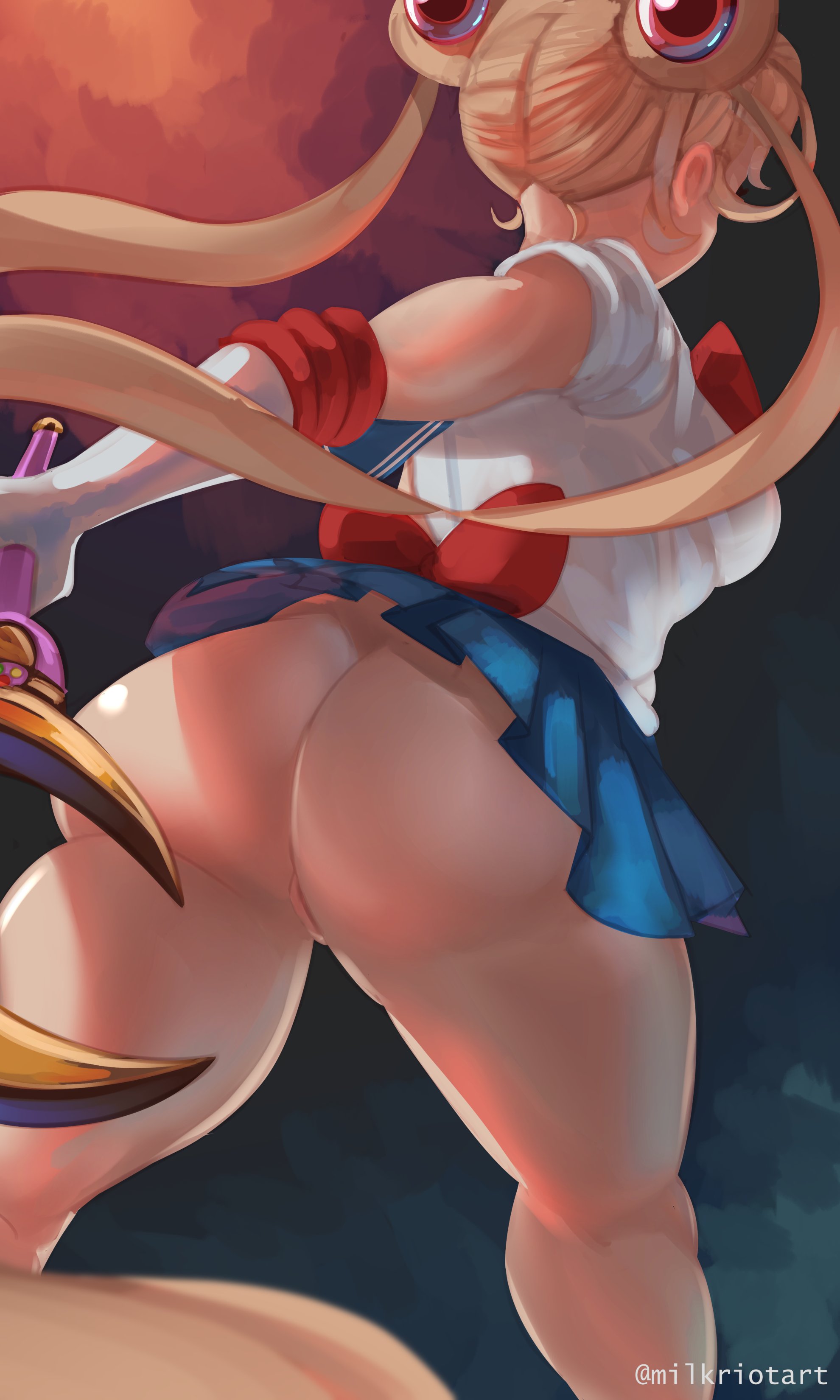 1girls, ass, bishoujo senshi sailor moon, blonde hair, bottomless, bottomless skirt, breasts, bubble ass, bubble butt, clothing, facing away, female, female only, huge ass, huge butt, large ass, milkriot, no panties, no panties under skirt, no underwear, pleated skirt, pussy, sailor moon, sailor uniform, short skirt, skirt, skirt lift, small breasts, solo, solo female, twintails, upskirt, usagi tsukino, wand