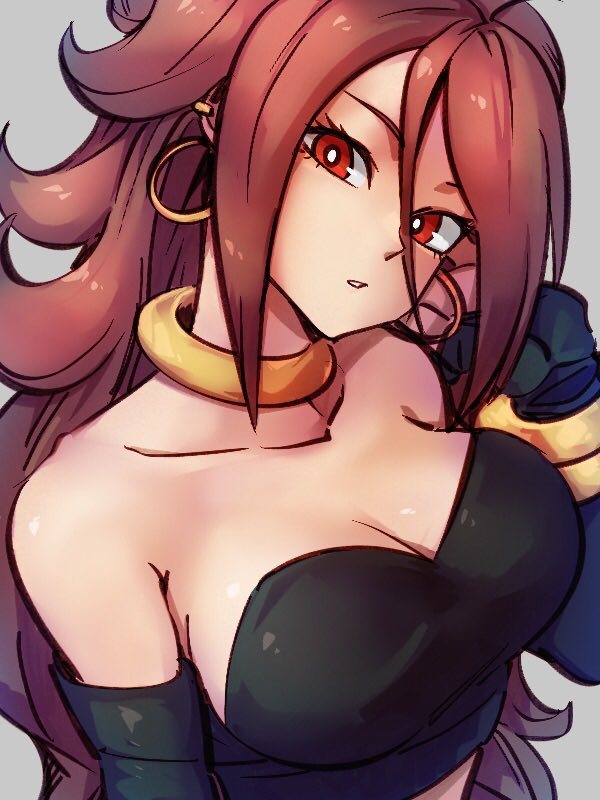 1girls android android_21 android_21_(human) bare_shoulders breasts brown_hair choker cleavage collarbone cosplay dark_persona dragon_ball dragon_ball_fighterz earrings female grey_background hand_up hoop_earrings jewelry kemachiku large_breasts light-skinned_female light_skin long_hair looking_at_viewer red_eyes simple_background solo tubetop upper_body vomi_(dragon_ball)