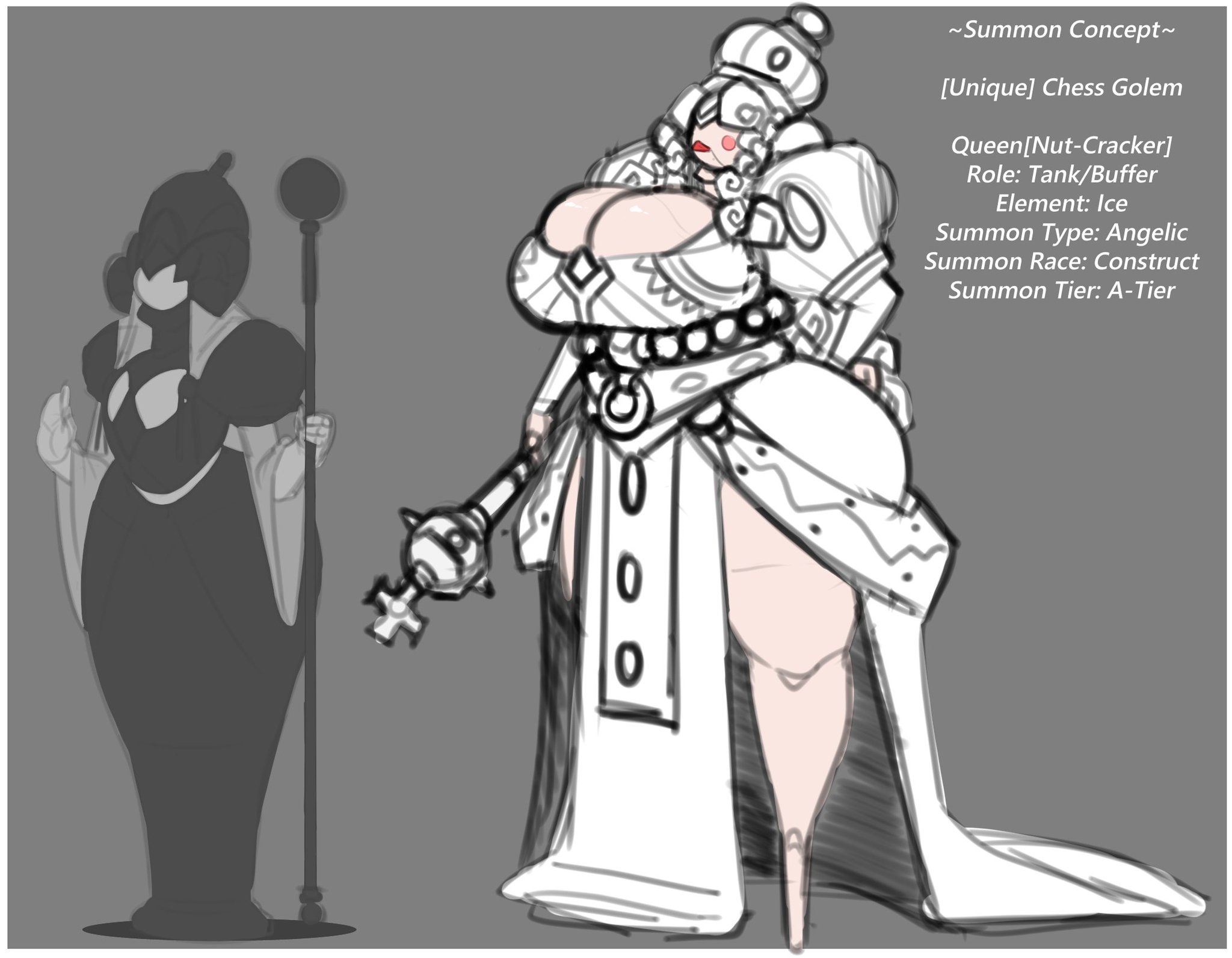 2girls, ass, breasts, character sheet, chess, crown, dongwongtang, dress, female, huge ass, huge breasts, hyper bimbo, lips, multiple females, multiple girls, original character, queen, queen (chess), staff, text, thick thighs
