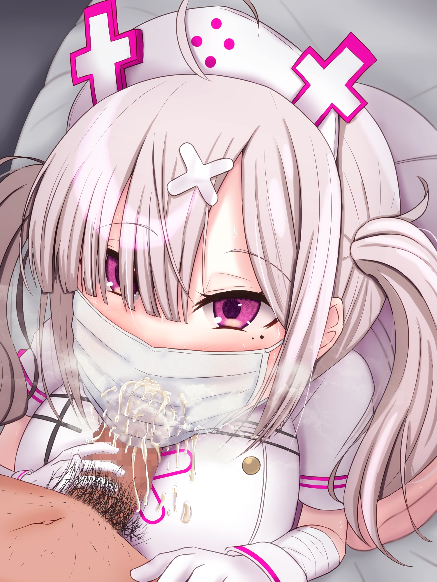1boy, 1girls, censored, fellatio, fellatio under mask, female, male, mask, nijisanji, nurse, nurse cap, penis, pink eyes, sakinyan70, sukoya kana, surgical mask, twintails, virtual youtuber, white hair