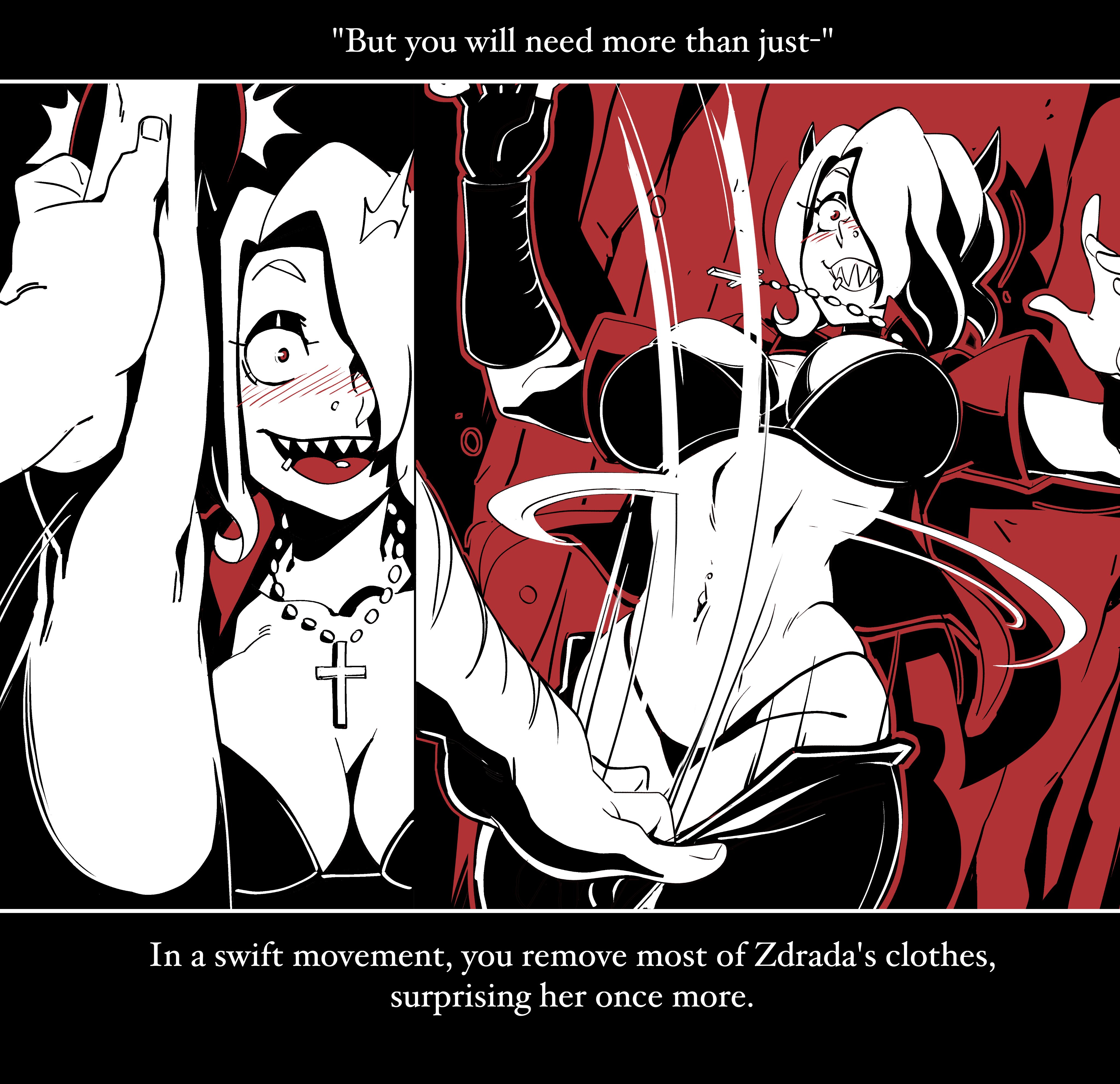 big breasts, blush, breasts, comic, demon, demon girl, domination, female, helltaker, male, maledom, nisego, thick thighs, wide hips, zdrada (helltaker)