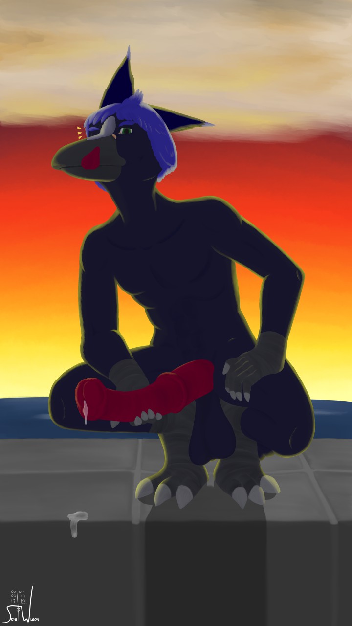 2019 3_toes 5_fingers 9:16 ambiguous_gender animal_genitalia animal_penis anthro avian balls big_balls big_penis bird black_feet blue_body blue_hair bodily_fluids claws corvid crouching digital_media_(artwork) digital_painting_(artwork) equine_penis erection fingers genital_fluids genitals hair hi_res huge_cock licking licking_lips licking_own_lips looking_at_viewer male male_only one_eye_closed oscine outside passerine penis precum precum_drip precum_on_ground red_penis saggy_balls self_lick skye_wilson skye_wilson_(character) solo sunset toes tongue tongue_out white_claws wink