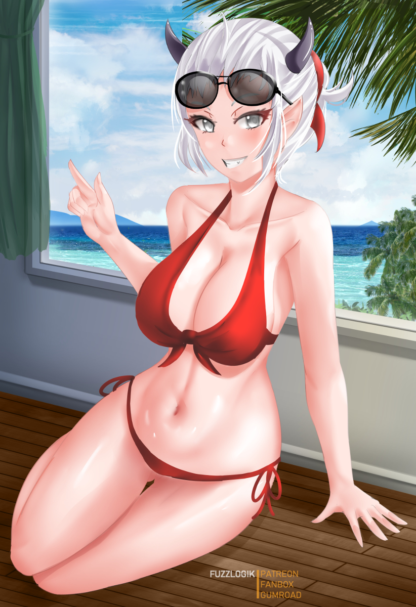 1girls, bikini, blush, breasts, cleavage, demon, demon girl, demon horns, female, fuzzlogik, grin, helltaker, horns, justice (helltaker), large breasts, peace sign, solo, sunglasses, sunglasses on head, v, white hair