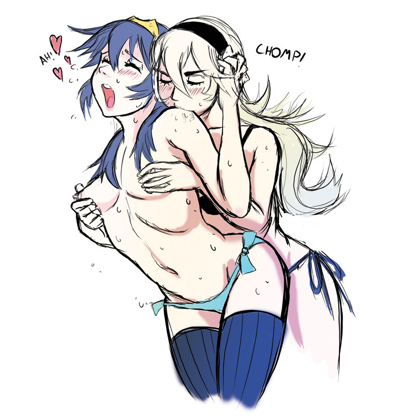 2girls bite blue_hair blue_panties breast_grab closed_eyes corrin_(fire_emblem) corrin_(fire_emblem)_(female) double_breast_grab female female_only fire_emblem fire_emblem_awakening fire_emblem_fates long_hair lucina_(fire_emblem) multiple_girls nintendo panties samanator_club small_breasts thighhighs yuri