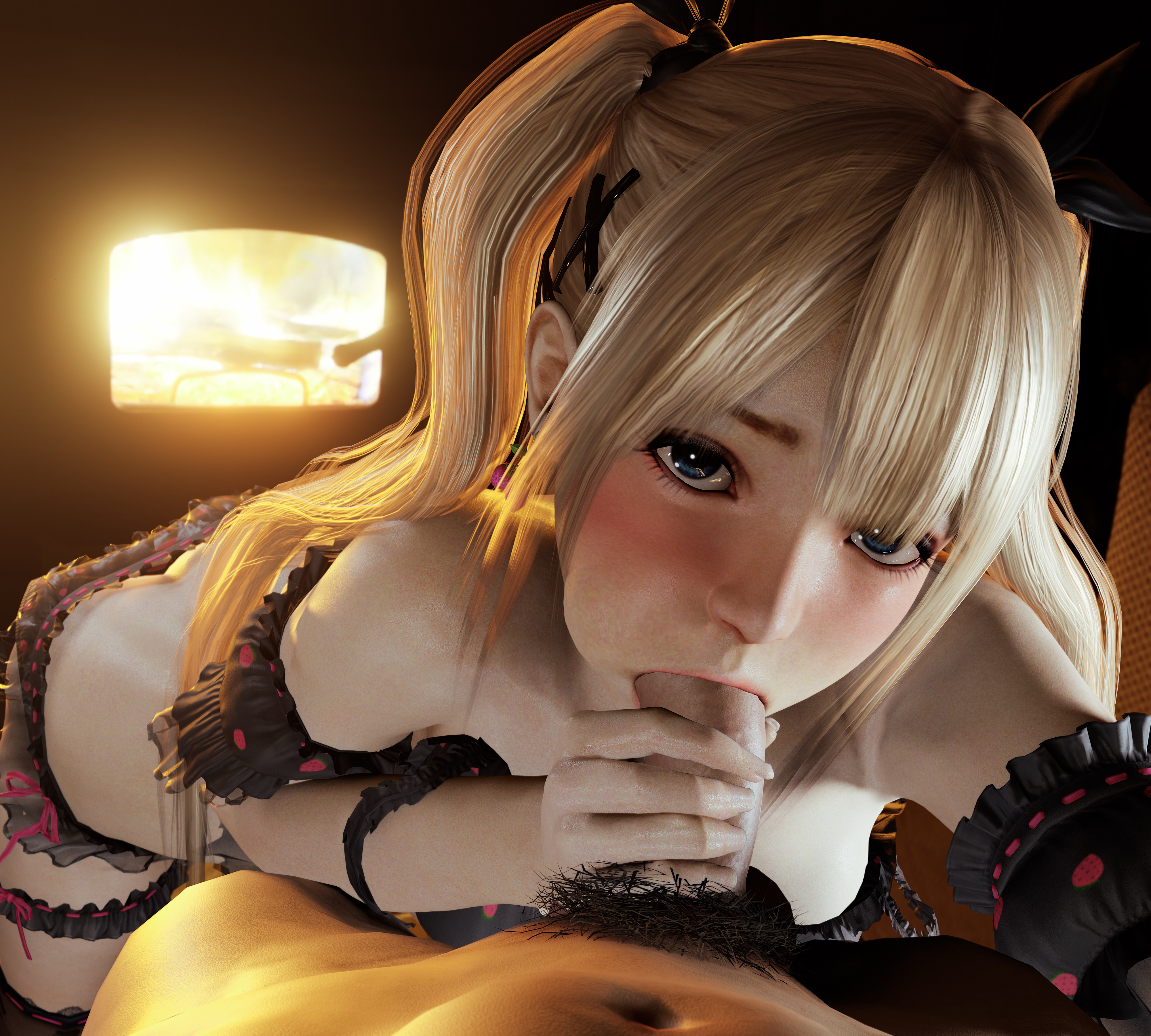 1boy, 3d, blonde hair, blowjob, blue eyes, blush, cheek bulge, cute, dead or alive, dress, egirl, fellatio, female, lingerie, long hair, looking at viewer, male, marie rose, odemdmj, oral, pov, strawberry print, teenager, twintails