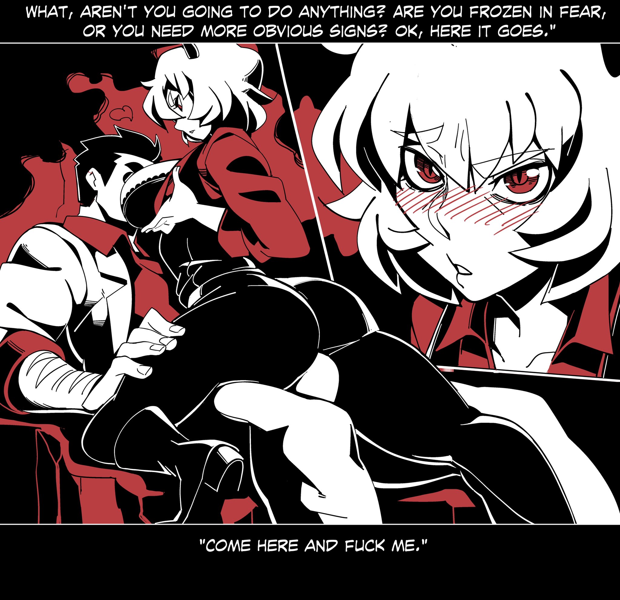 2020, ass, big breasts, blush, boner, breast grab, breast hold, breasts, comic, demon, demon girl, erection, erection under clothes, face in breasts, female, female on top, helltaker, helltaker (character), horns, male, malina (helltaker), nisego, penis, penis between ass, red eyes, red shirt, thick thighs, white hair, wide hips