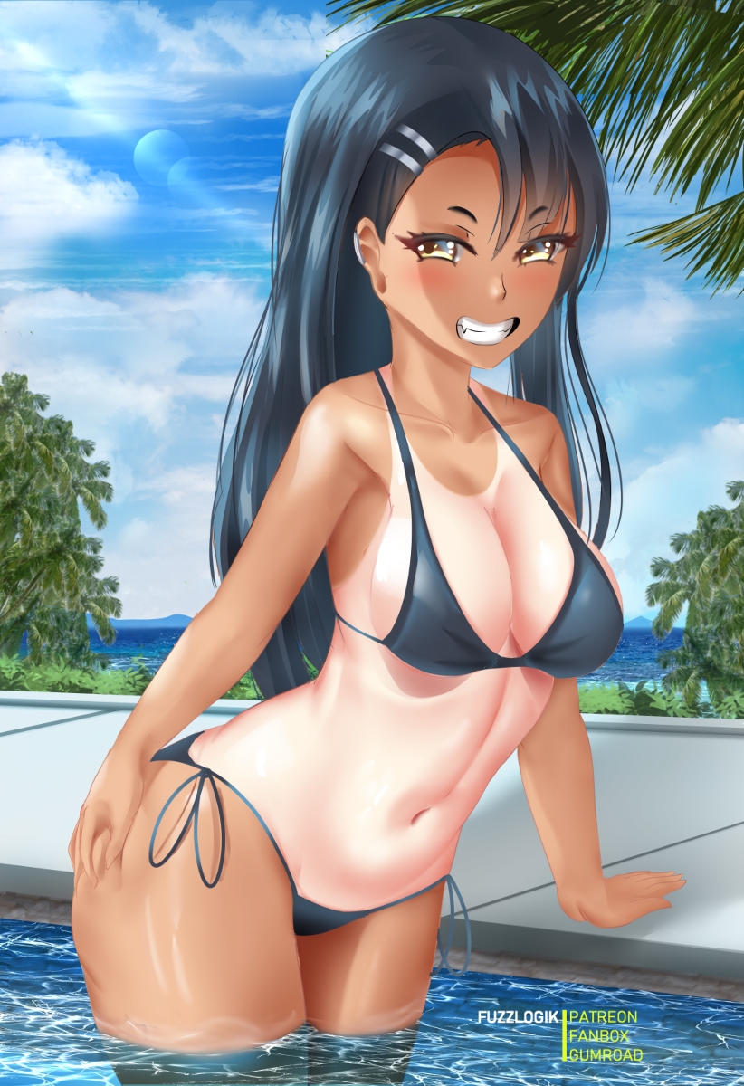 1girls, belly, belly button, big breasts, bikini, black hair, blush, breasts, brown eyes, cleavage, curvy, cute fang, detailed background, female, female focus, female only, fuzzlogik, grin, hayase nagatoro, hi res, long hair, navel, please don't bully me, nagatoro, smile, solo, tan, tan skin, tanline, tanlines, tanned, watermark, wet, wide hips