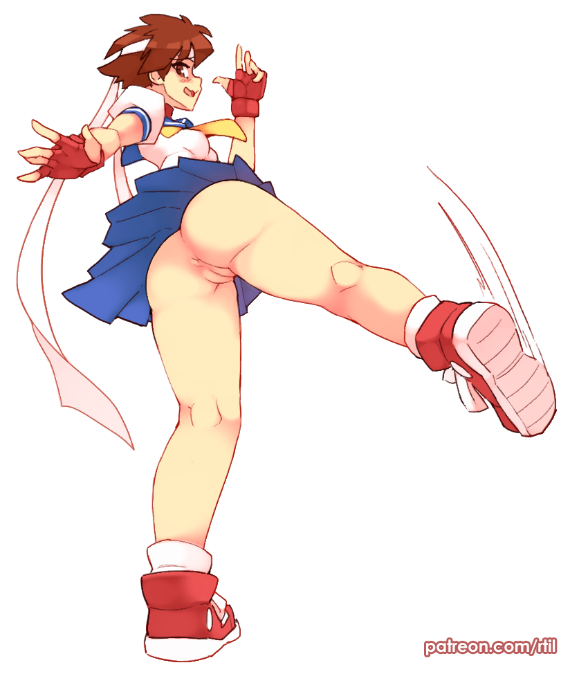 1girls, anus, ass, blush, brown eyes, brown hair, clothing, embarrassed, female, female only, footwear, handwear, human, kick, kicking, no panties, pussy, rtil, sakura kasugano, standing, street fighter, tagme, thighs, tomboy, upskirt