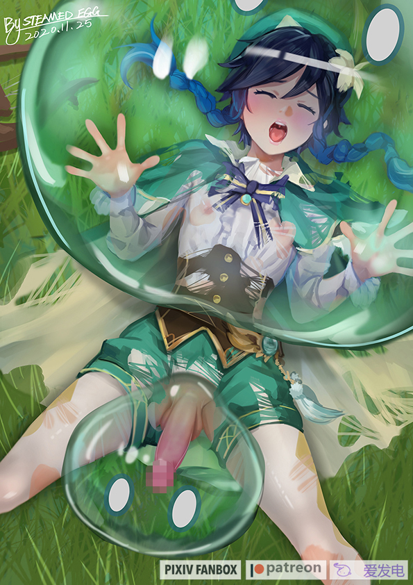 1boy 2020 blue_hair bowtie censored closed_eyes clothed clothing dated femboy feminine_male genshin_impact girly laying_on_grass male male_penetrating mosaic_censoring mouth_open nipples penis ripped_clothing slime slime_(genshin_impact) slime_monster slime_penetrated solo solo_male steamed_egg trap twin_braids twintails venti_(genshin_impact)