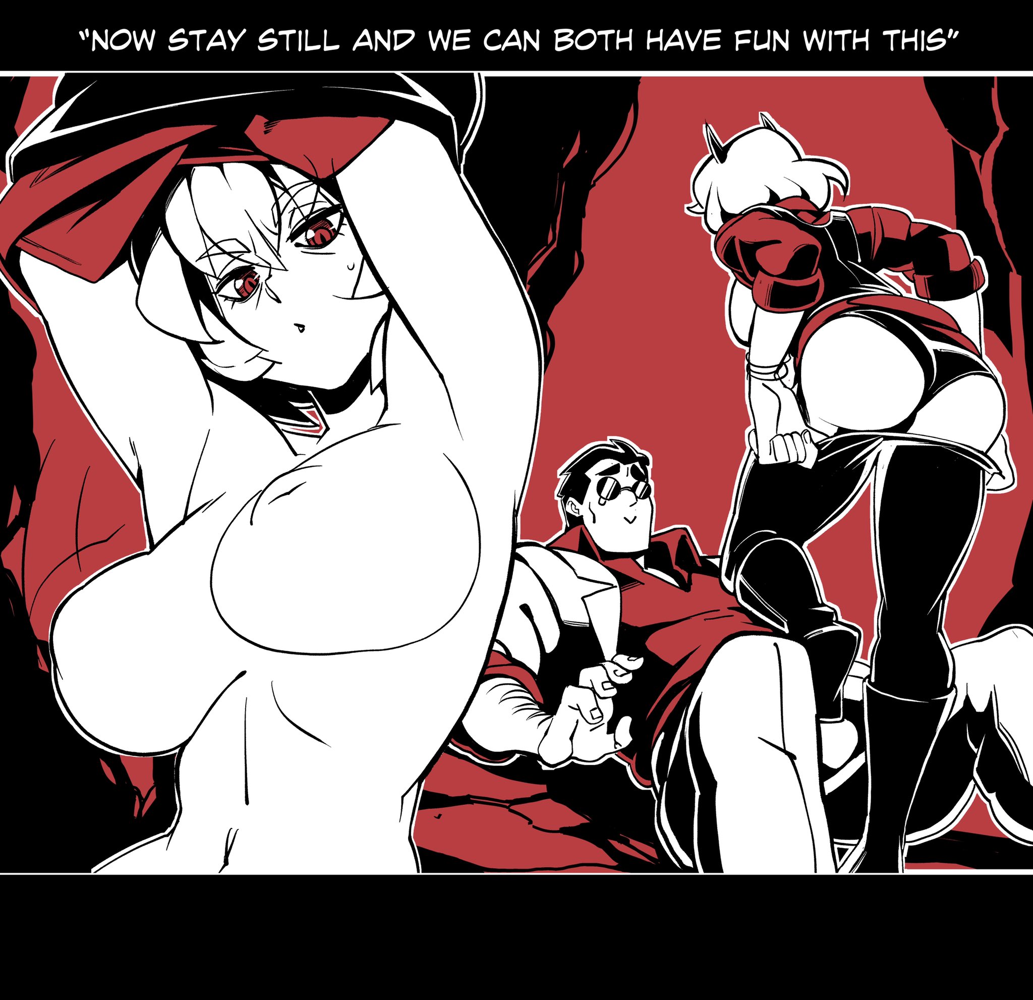 2020, ass, big breasts, breasts, comic, demon, demon girl, female, helltaker, helltaker (character), horns, inverted nipples, malina (helltaker), navel, nipples, nisego, pants down, pants pull, red eyes, thick thighs, undressing, white hair, wide hips