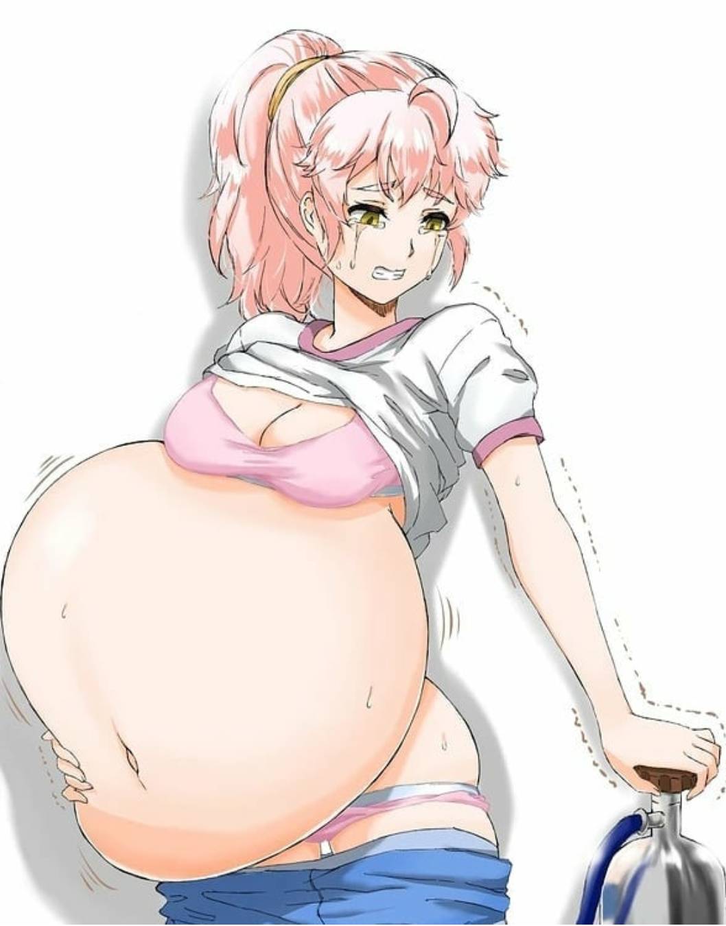 air inflation, belly expansion, belly inflation, crying, hyper belly, painful, pink hair, worried