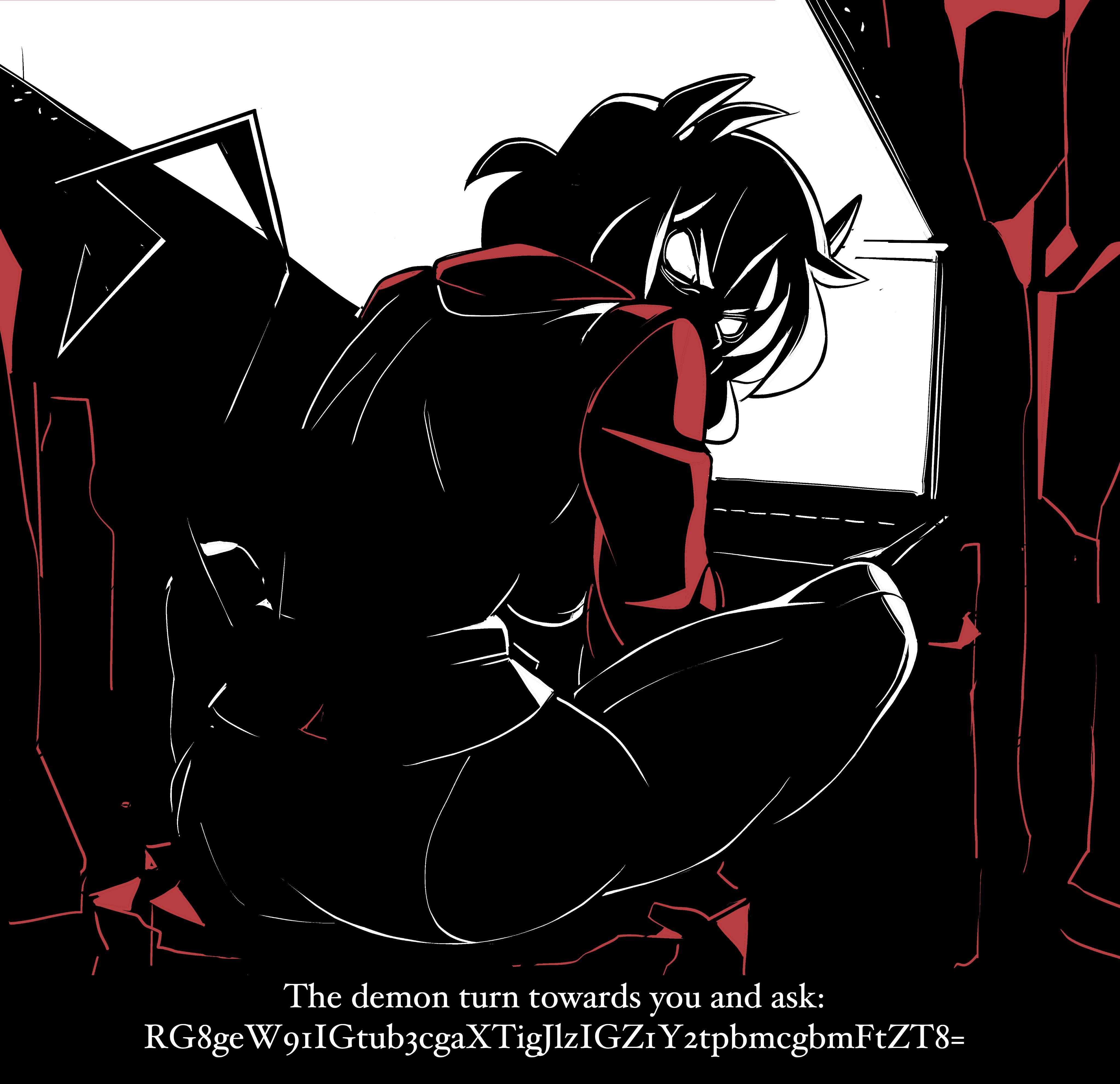 2020, big breasts, breasts, comic, dark, demon, demon girl, female, from behind, glowing eyes, helltaker, horns, lighting, looking at viewer, looking back, malina (helltaker), nisego, no pupils, pantylines, red shirt, screen, shadow, tail, thick thighs, wide hips